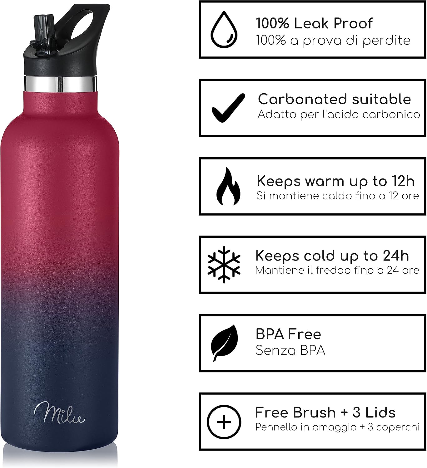 Detalle de Milu Borraccia Termica in Acciaio Inox 500–1000 ml: isolamento a doppia parete, coperchi intercambiabili e design senza BPA