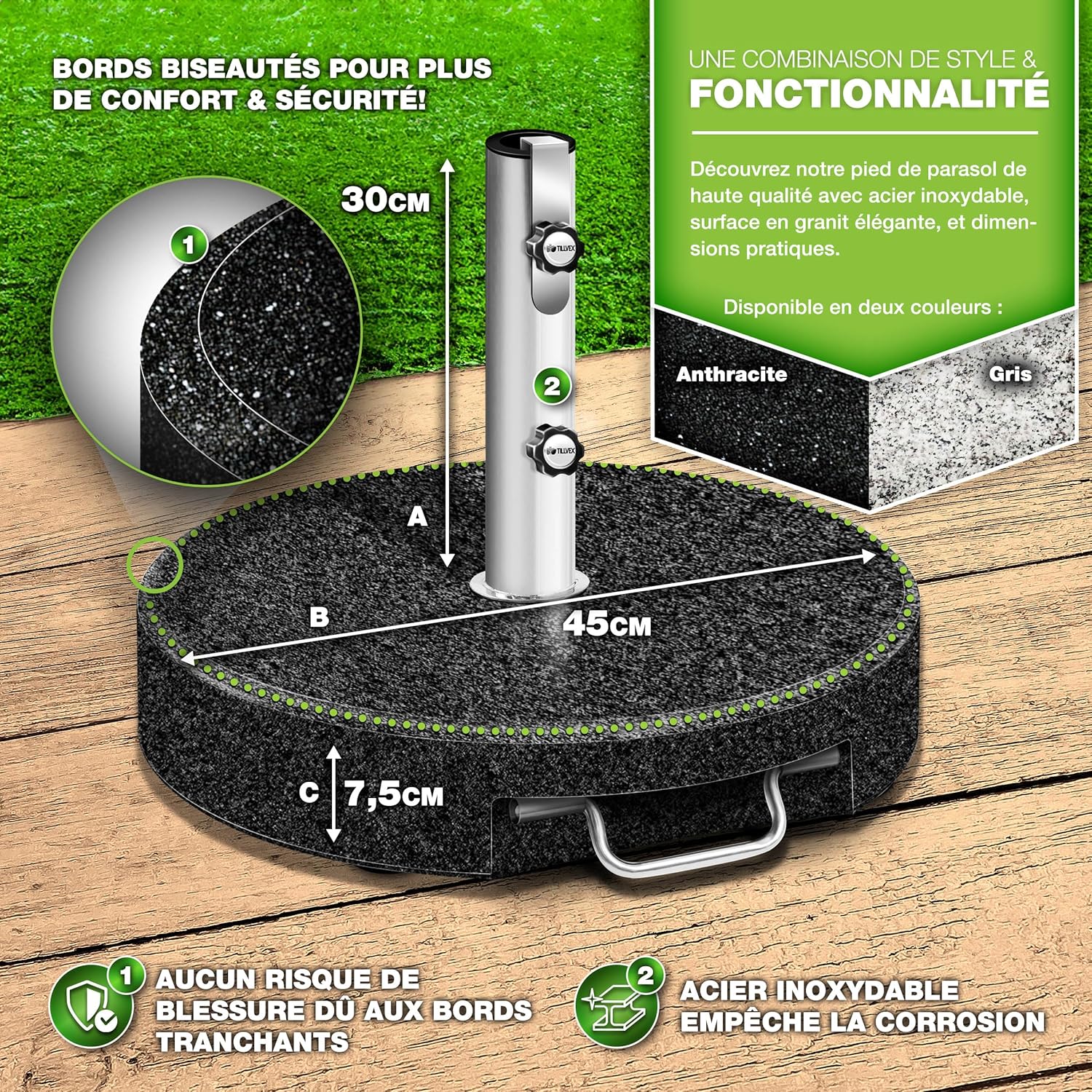 Thumbnail 1 de Pied de parasol tillvex rond en granit de 27 kg avec roulettes et tube en acier inoxydable