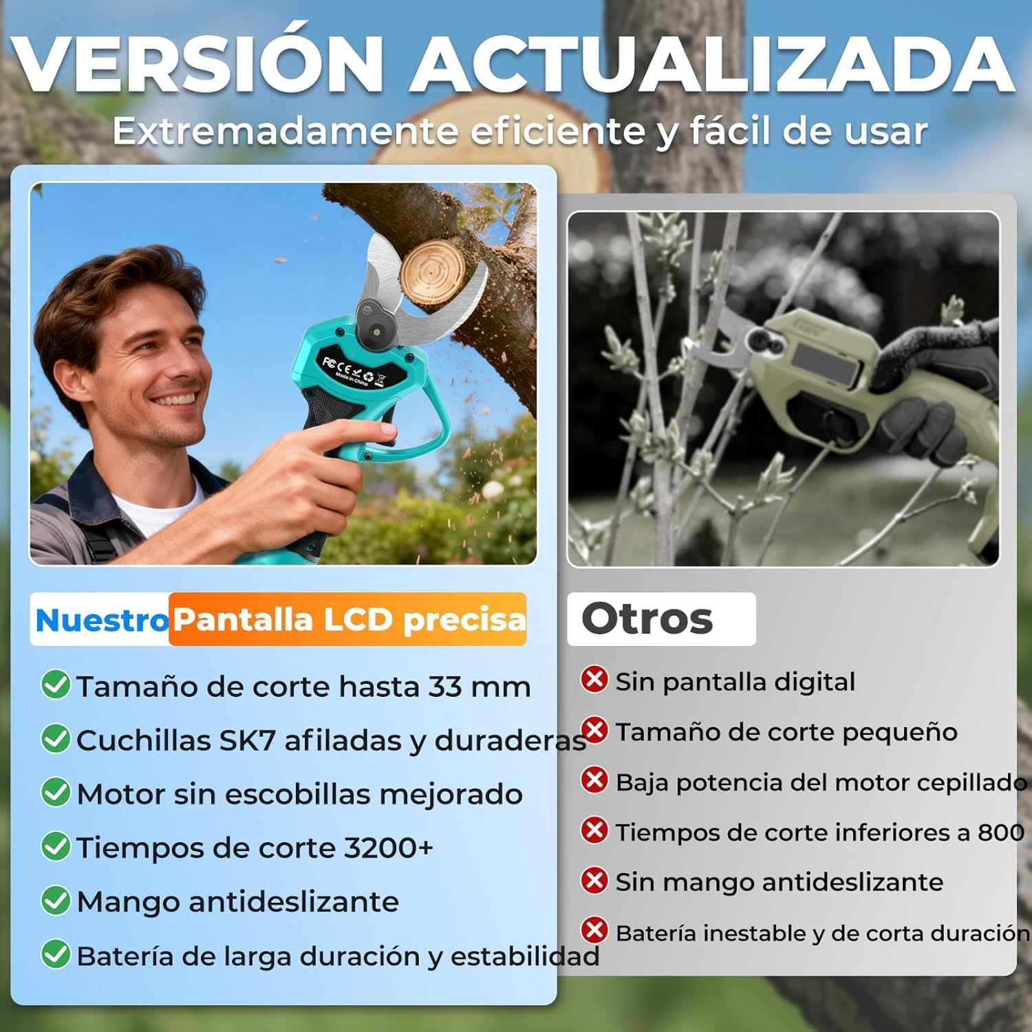 Thumbnail 6 de Tijeras de Podar Eléctricas 21V de Sukaudiz: potencia sin escobillas, 2 baterías y 33 mm de corte