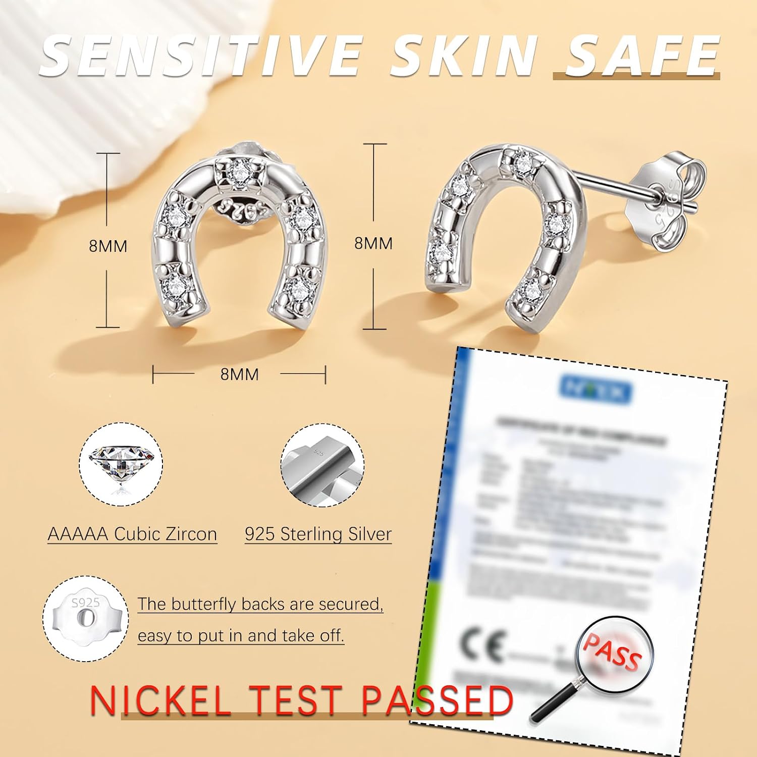 Detalle de Loutade Ohrstecker Silber 925 – hypoallergene 8 mm, Cubic Zirkonia, minimalistisch