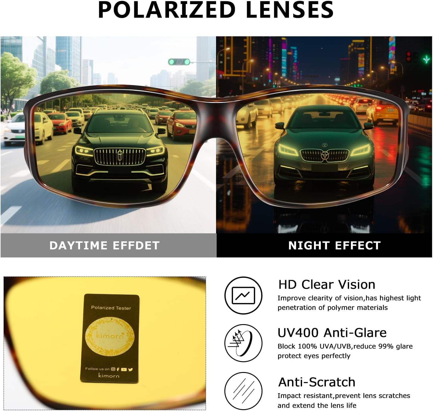 Detalle de Kimorn Night Vision Driving Glasses – Over‑Glasses Polarised Yellow Lenses