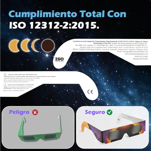 Detalle 2 de QIWEI Gafas Eclipse Solar ISO 12312-2 — Pack 4/10/25/50 (Cartón)