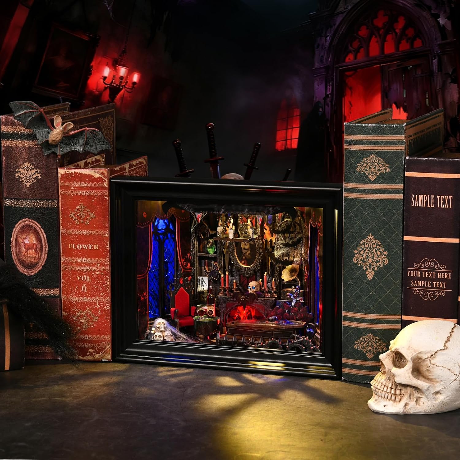 Thumbnail 6 de ETKVR Book Nook Kit: Angolo lettura gotico Dracula in cornice – una libreria che prende vita