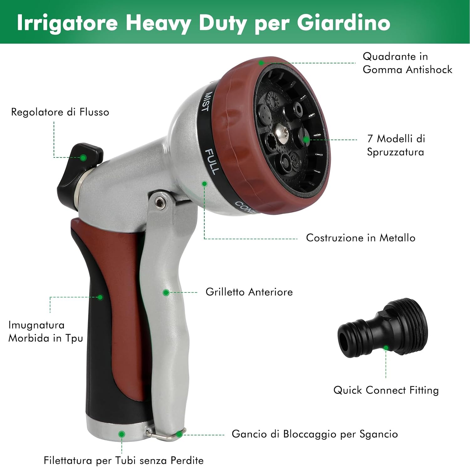 Detalle 2 de RESTMO Doccia da giardino in metallo ad alta pressione, 7 funzioni, getto spray, regolazione flusso — marrone