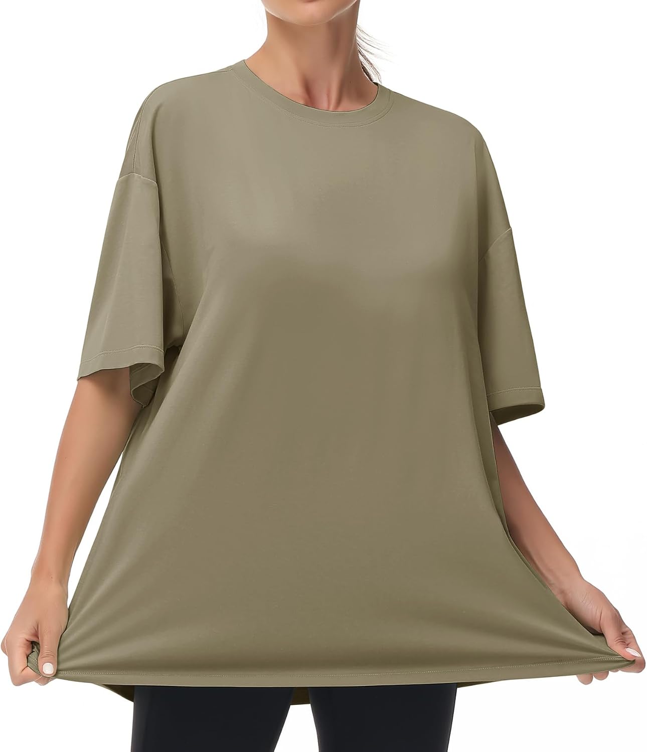 Detalle de THE GYM PEOPLE Damen Oversize T-Shirt mit Rundhalsausschnitt und kurzen Ärmeln