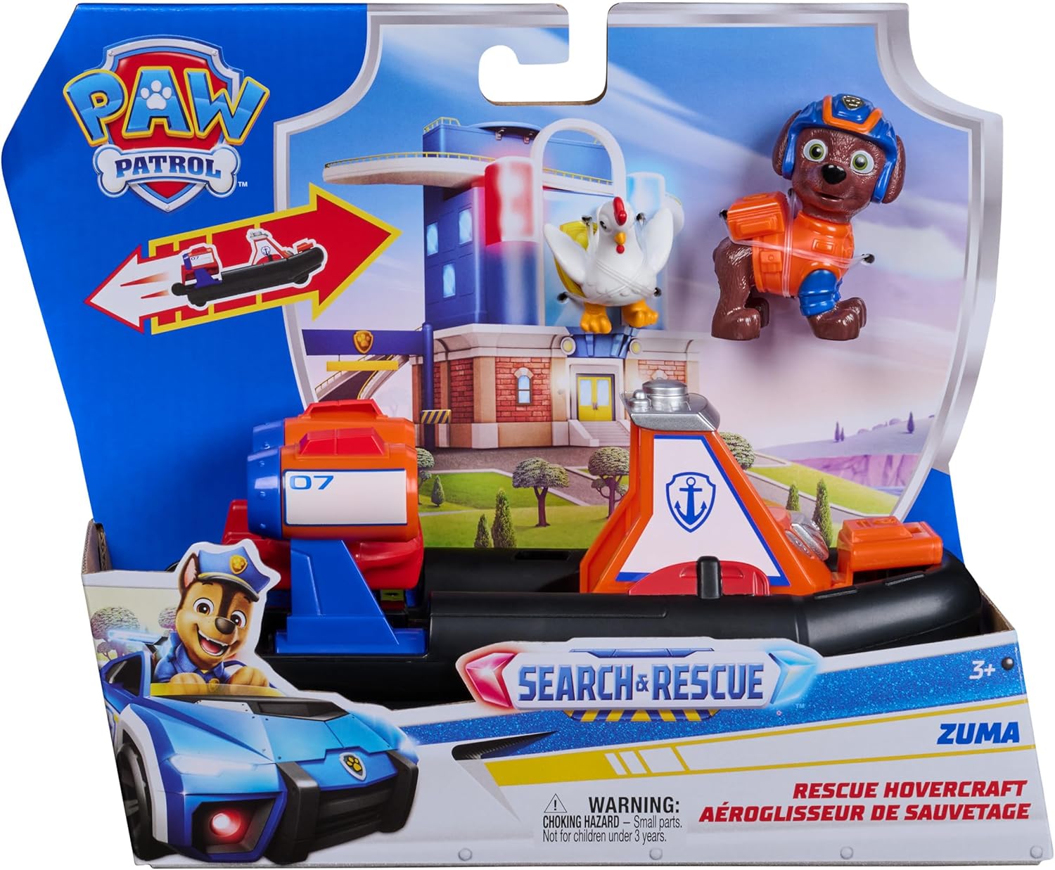 Detalle de Paw Patrol Search and Rescue Zuma Rescue Hovercraft Water Vehicle with Pull-Back Action and 2 Figures (Ages 3+)