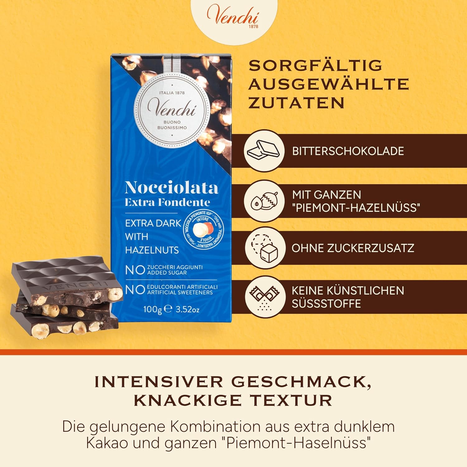 Thumbnail 3 de Venchi Zartbitterschokolade mit Haselnüssen (NO Added Sugar) – glutenfrei & vegan, 100 g