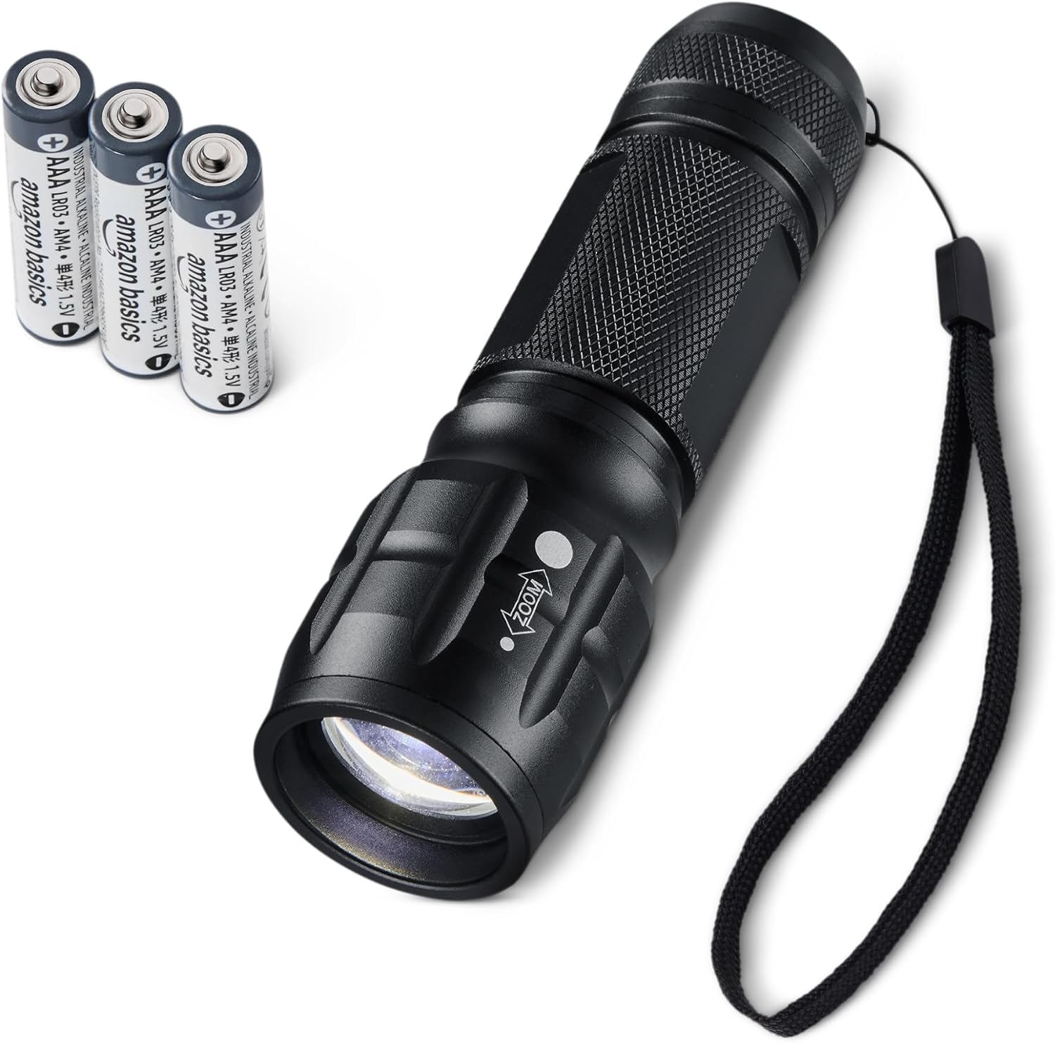 Detalle de Amazon Basics Tactical Flashlight: 140-Lumen, 3-Mode, Zoomable Beam