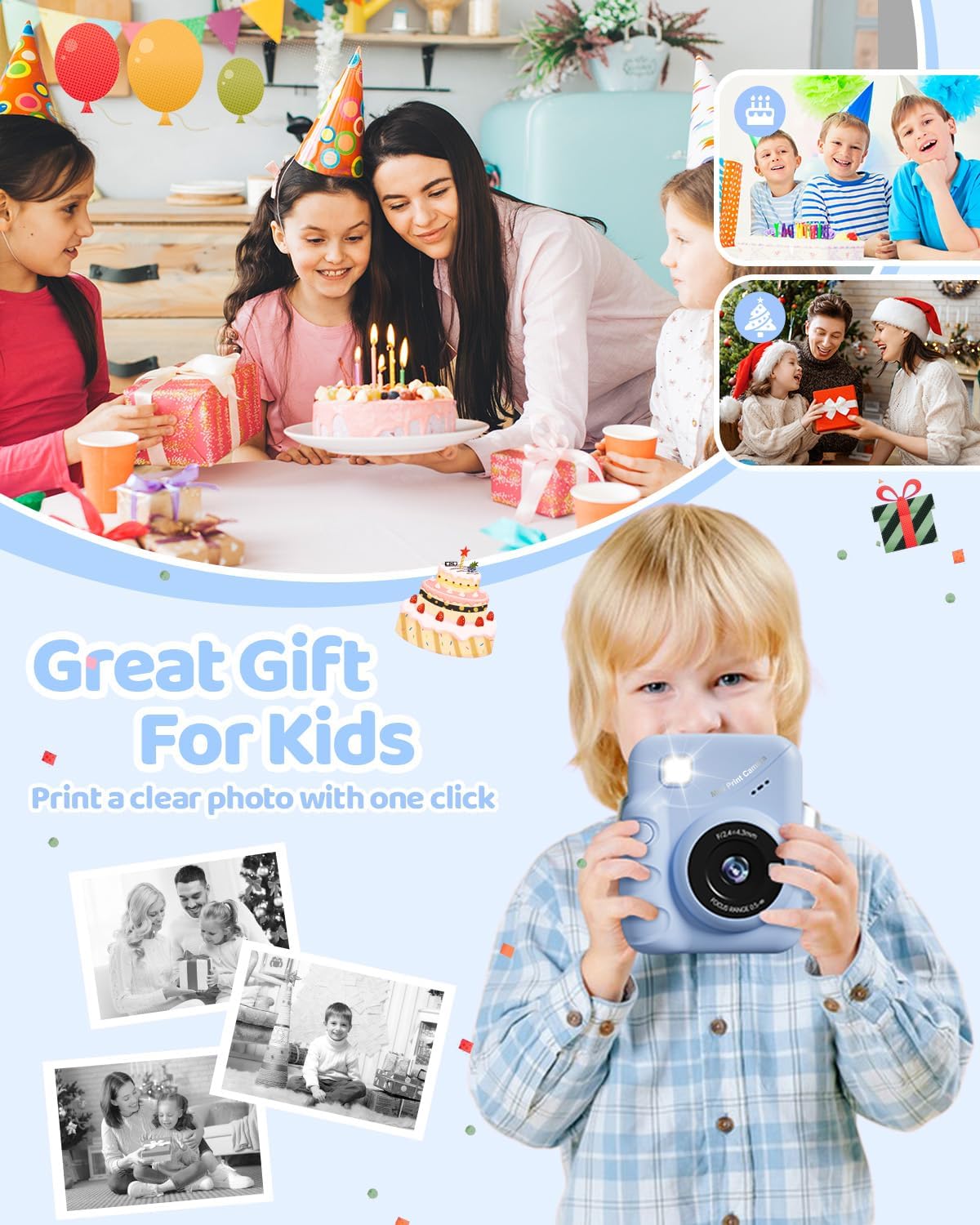 Detalle de TIATUA Macchina Fotografica Bambini Istantanea 3.0" Blu con 32GB e 3 Rotoli di Carta - Regalo Educativo per Ragazze e Ragazzi 3–12