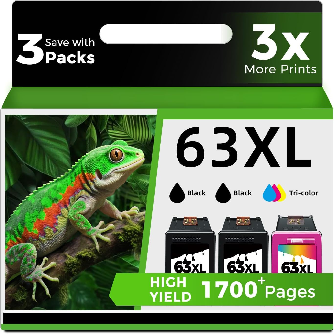 Detalle de Ubinki 63XL Ink Cartridge Combo Pack, 2 Black and 1 Tri-Color