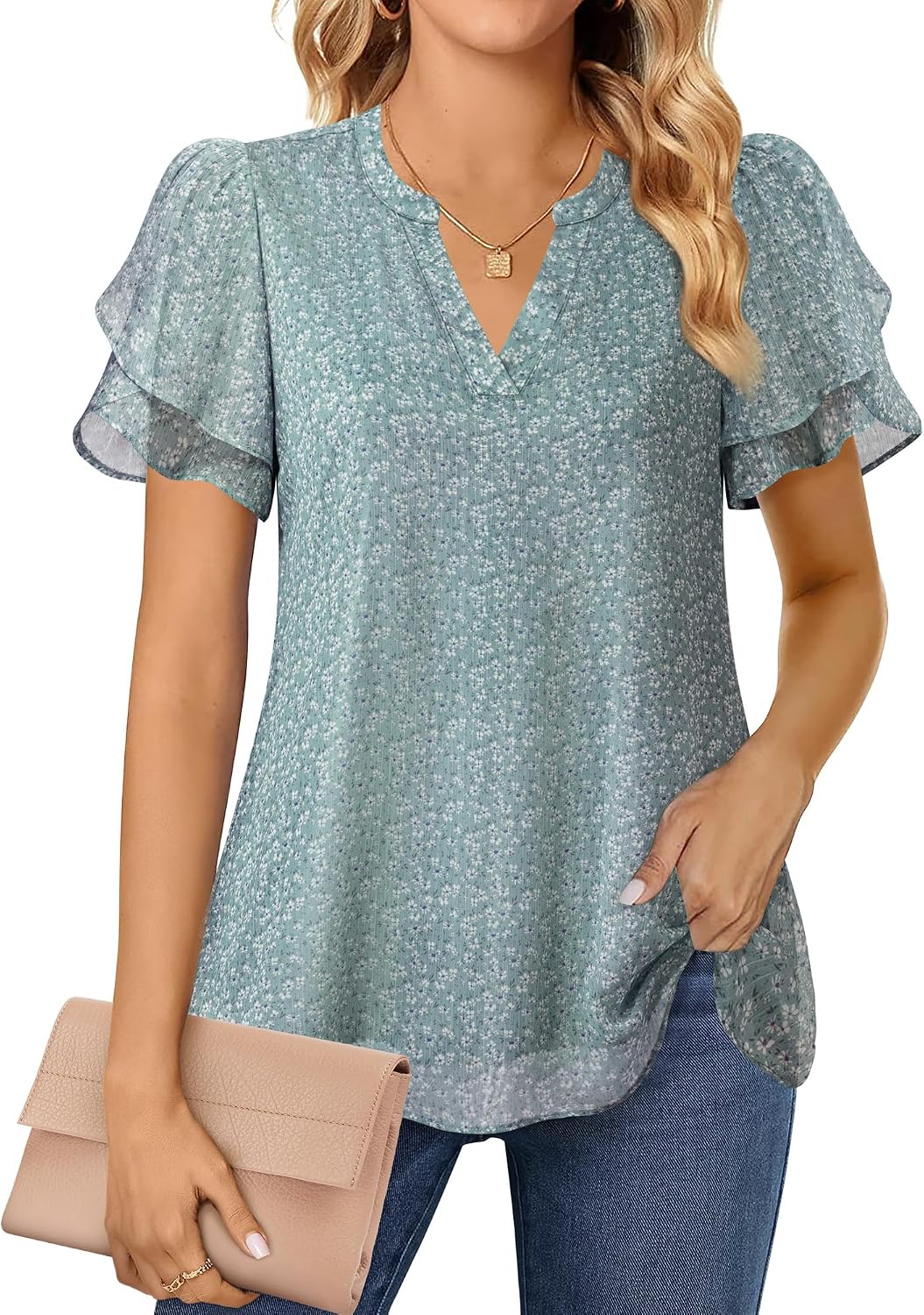 Detalle de Lotusmile Women’s Dressy Chiffon Blouses with Petal Puff Short Sleeves (V-Neck) for Work & Summer