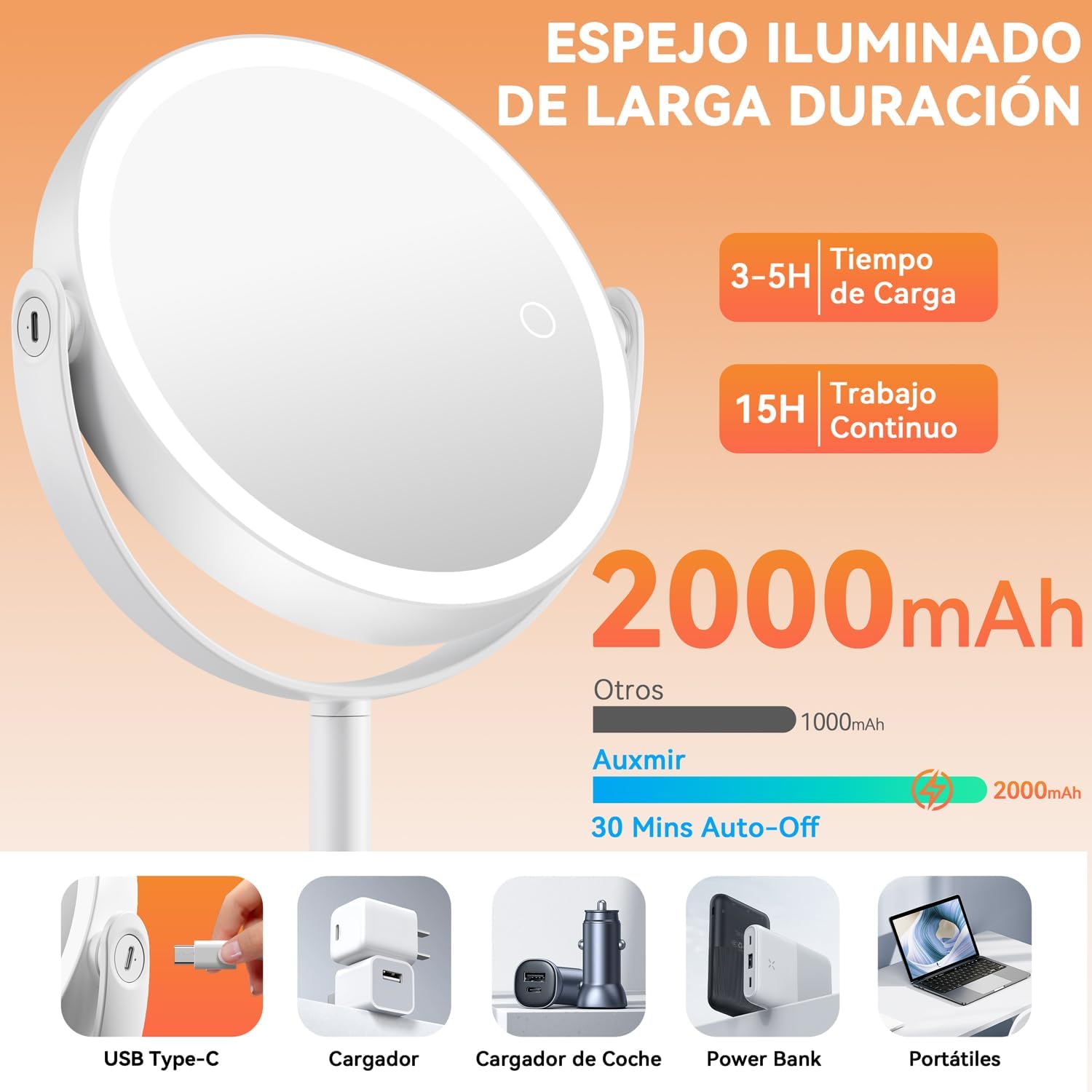 Thumbnail 5 de Auxmir Espejo Maquillaje 30X con Luz 2000mAh