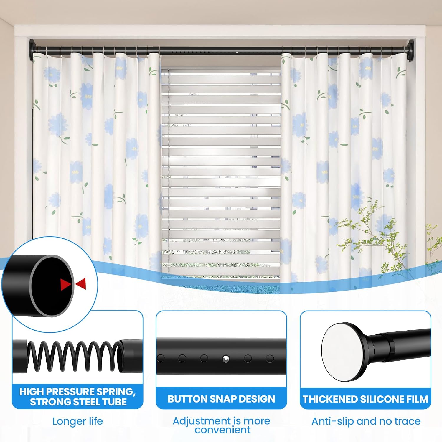 Detalle de WELDUN Extendable Curtain Poles 98-200cm: Black Telescopic Tension Rod, 32mm Ø with 2 Wall Bases