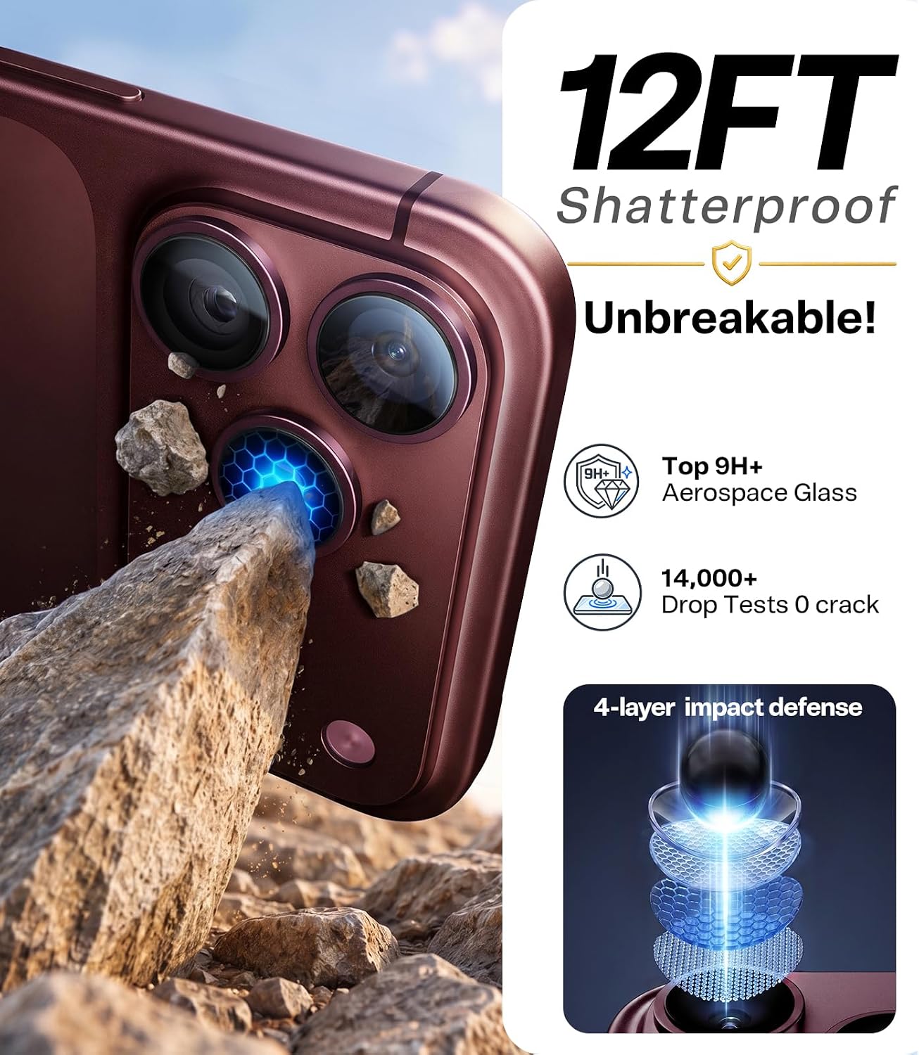 Detalle de TORRAS TOP 9H+ Camera Lens Protector for iPhone 18 Pro Max/18 Pro, Burgundy