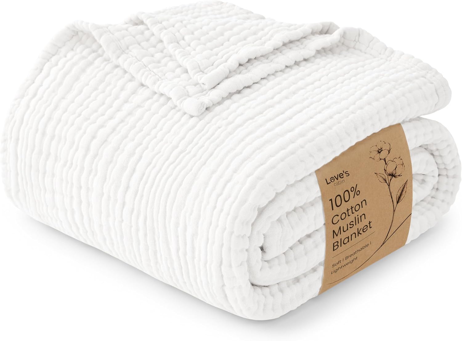Detalle de Love's Cabin Cotton Muslin Throw Blanket, White