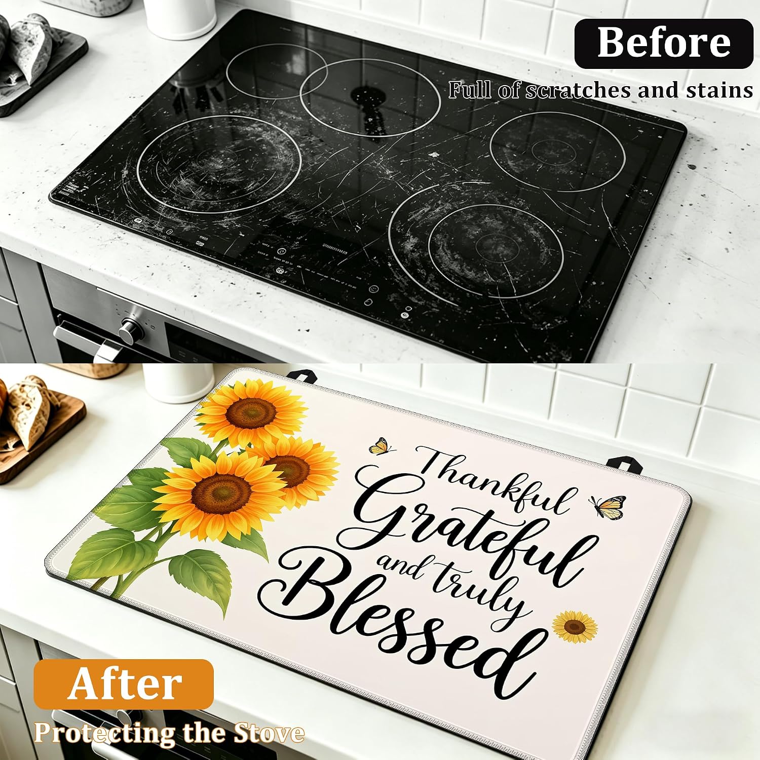 Detalle de YIKTI Sunflowers 28 x 20-Inch Glass-Top Stove Cover and Heat-Resistant Mat