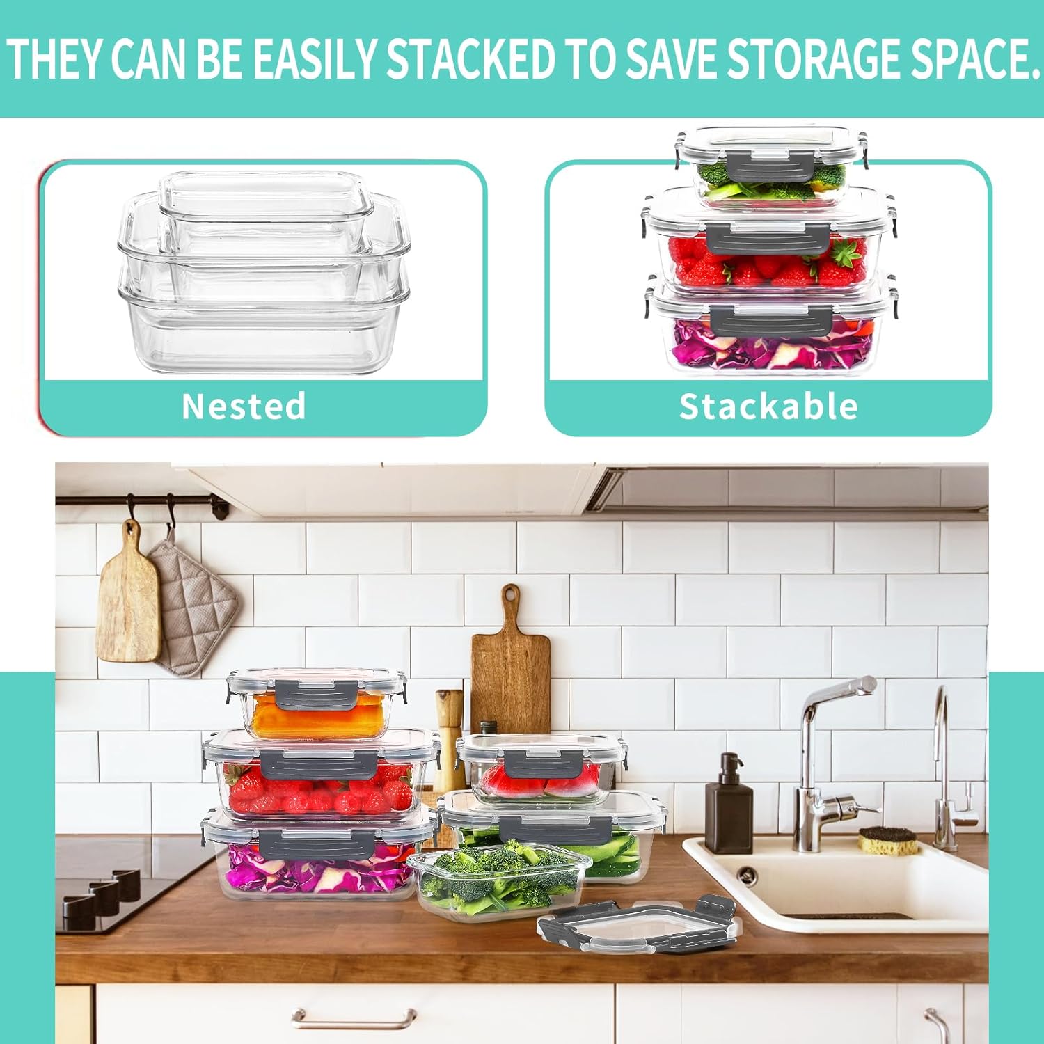 Detalle 2 de Skroam 10 Pack Glass Food Storage Containers with Lids (BPA Free, Leak Proof, Airtight)