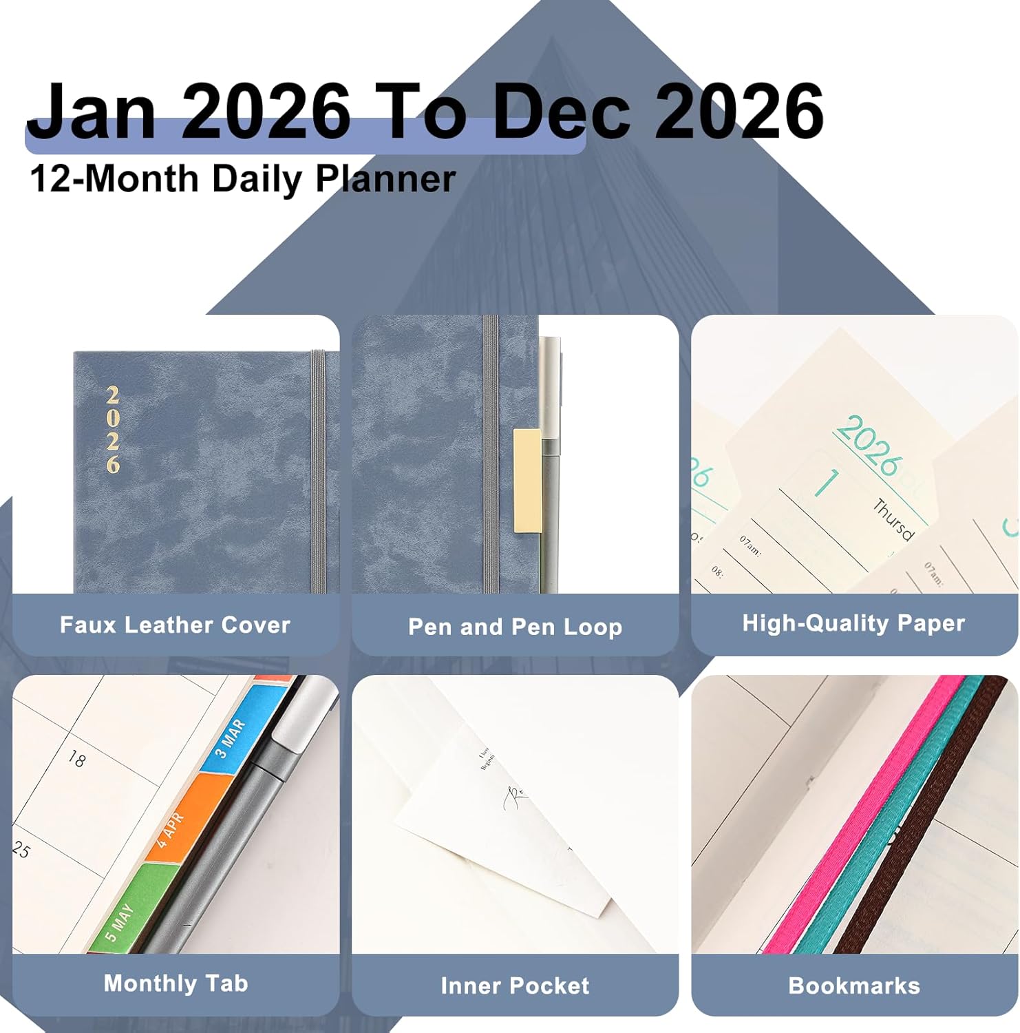 Thumbnail 6 de 2026 A5 Page-a-Day Diary (Jan–Dec) with Monthly Tabs, Pen Loop & Inner Pocket