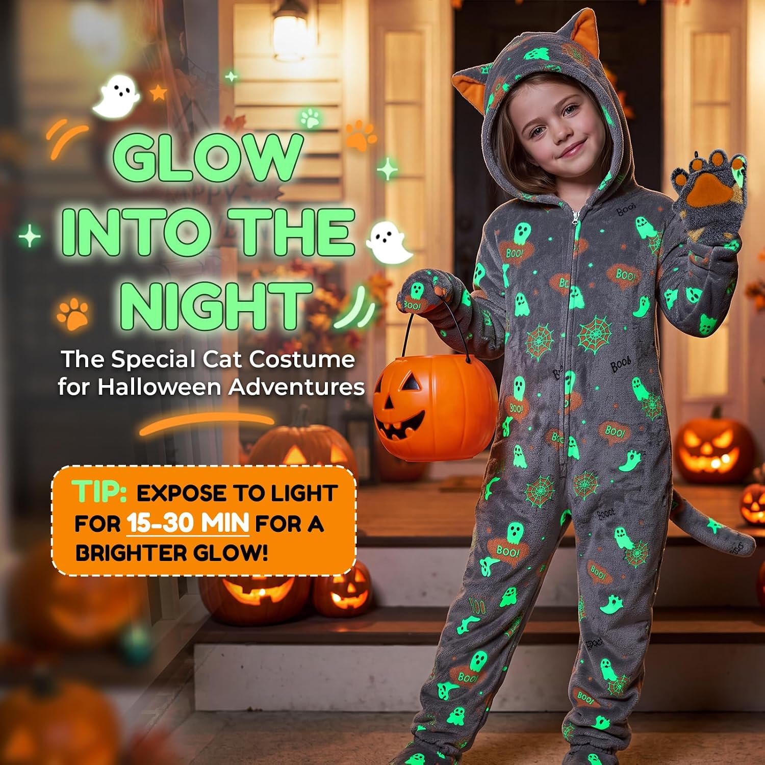 Thumbnail 1 de Joycover Glow-in-the-Dark Black Cat Costume for Kids, Fleece Onesie with Purse