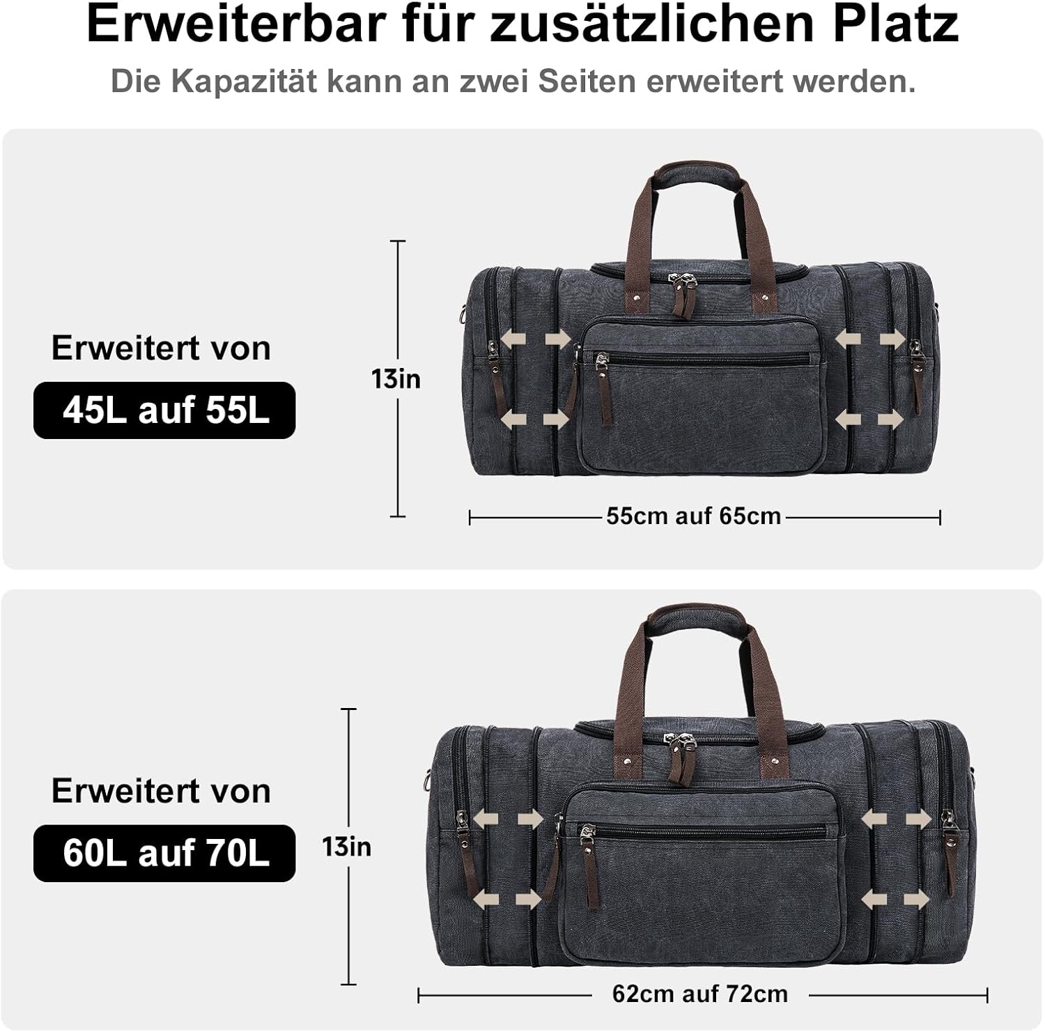 Thumbnail 3 de EKOROMIER Erweiterbare Reisetasche 70L – große Sporttasche dunkelgrau (bis 72 cm Länge)