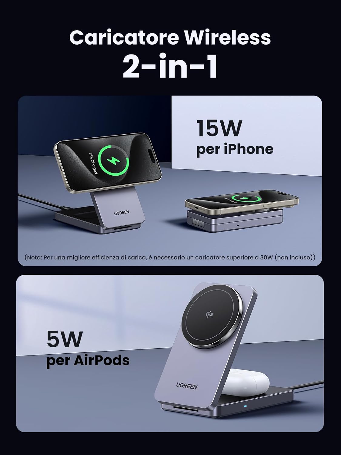 Thumbnail 2 de UGREEN MagFlow Qi2 15W Caricatore Wireless 2 in 1