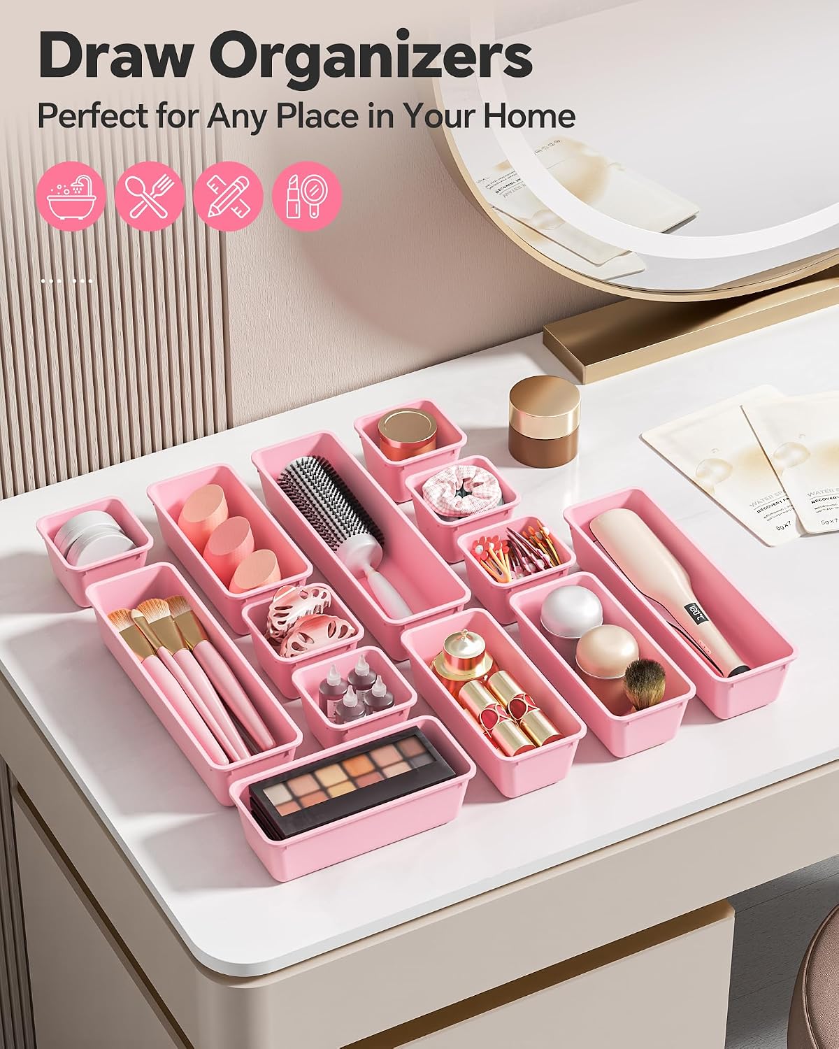 Detalle de Canfanni PINK 13-Piece Plastic Drawer Organizer Set, 3 Sizes, Pink