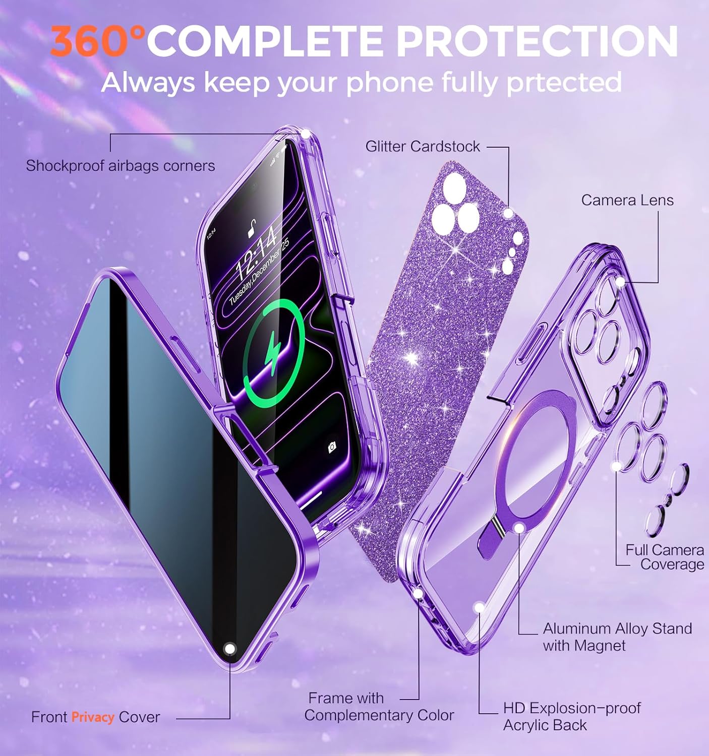 Thumbnail 1 de Magnetic Privacy Case for iPhone 17 Pro Max with DIY Glitter Cardstock and Invisible Magnetic Kickstand