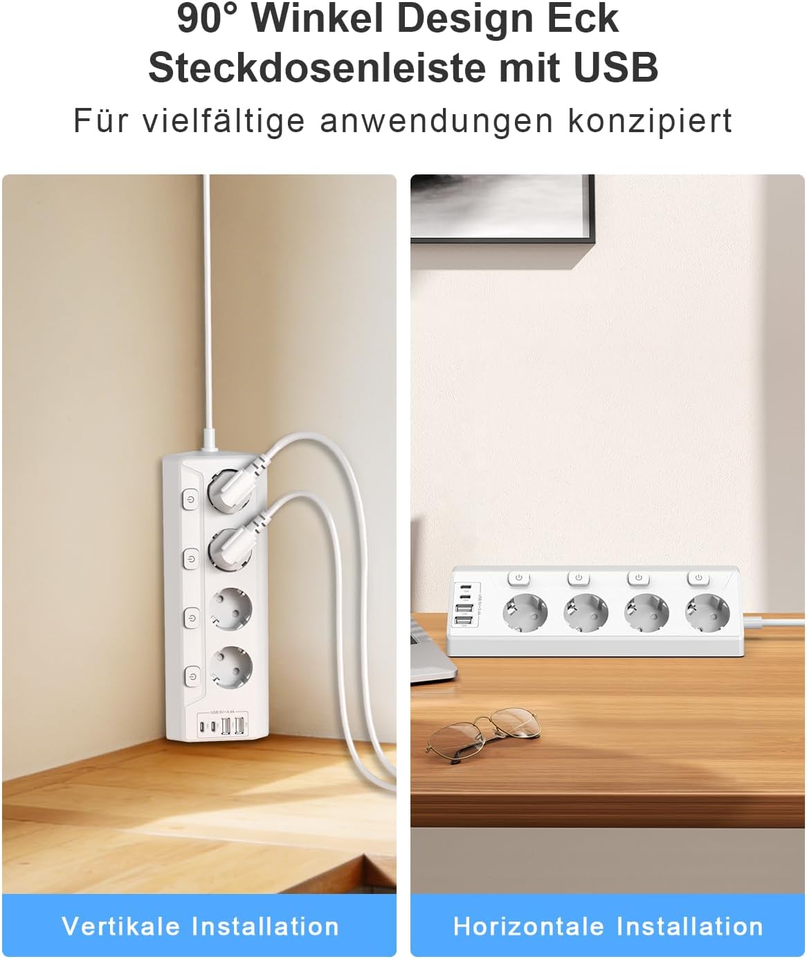 Detalle de vipwell Ecksteckdose mit 4 USB (2× USB‑C, 2× USB‑A) und unabhängigen Schaltern – 90° Winkel, 4 Fach-Steckdosen