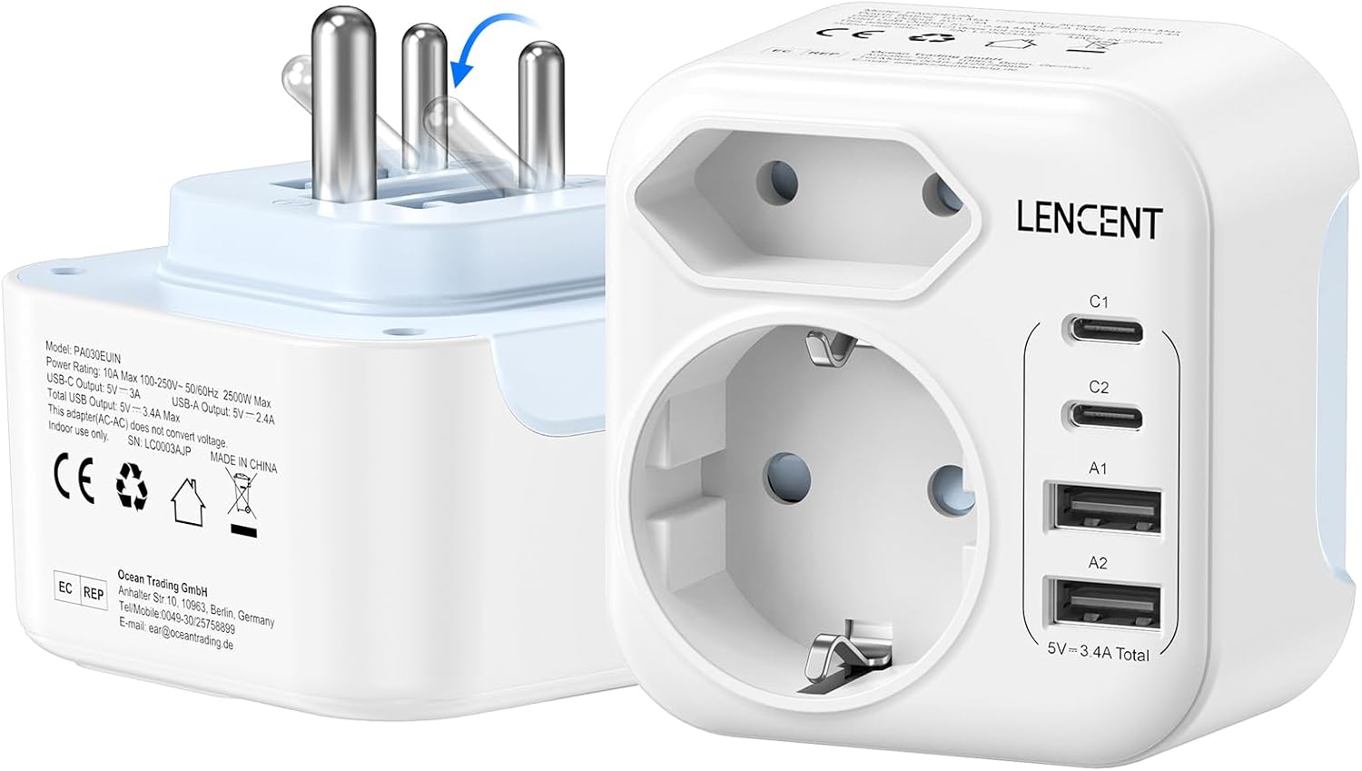 Detalle de LENCENT type D-reisadapter, opvouwbaar met 2 USB-C- en 2 USB-A-poorten