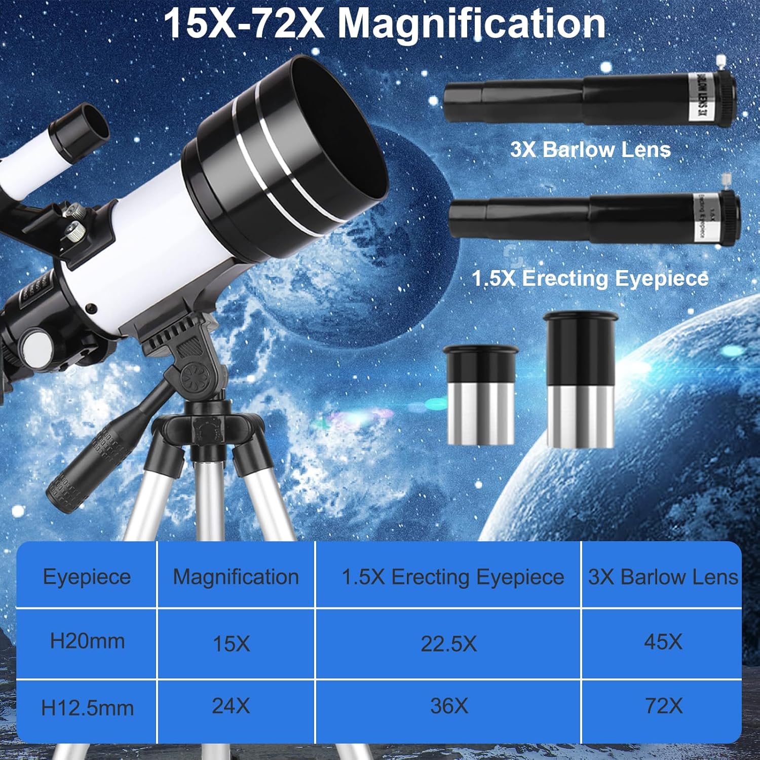 Detalle 2 de Misilmp Telescopio telescopico per adulti e principianti da 70 mm con cercatore 5x24, treppiede regolabile e accessori