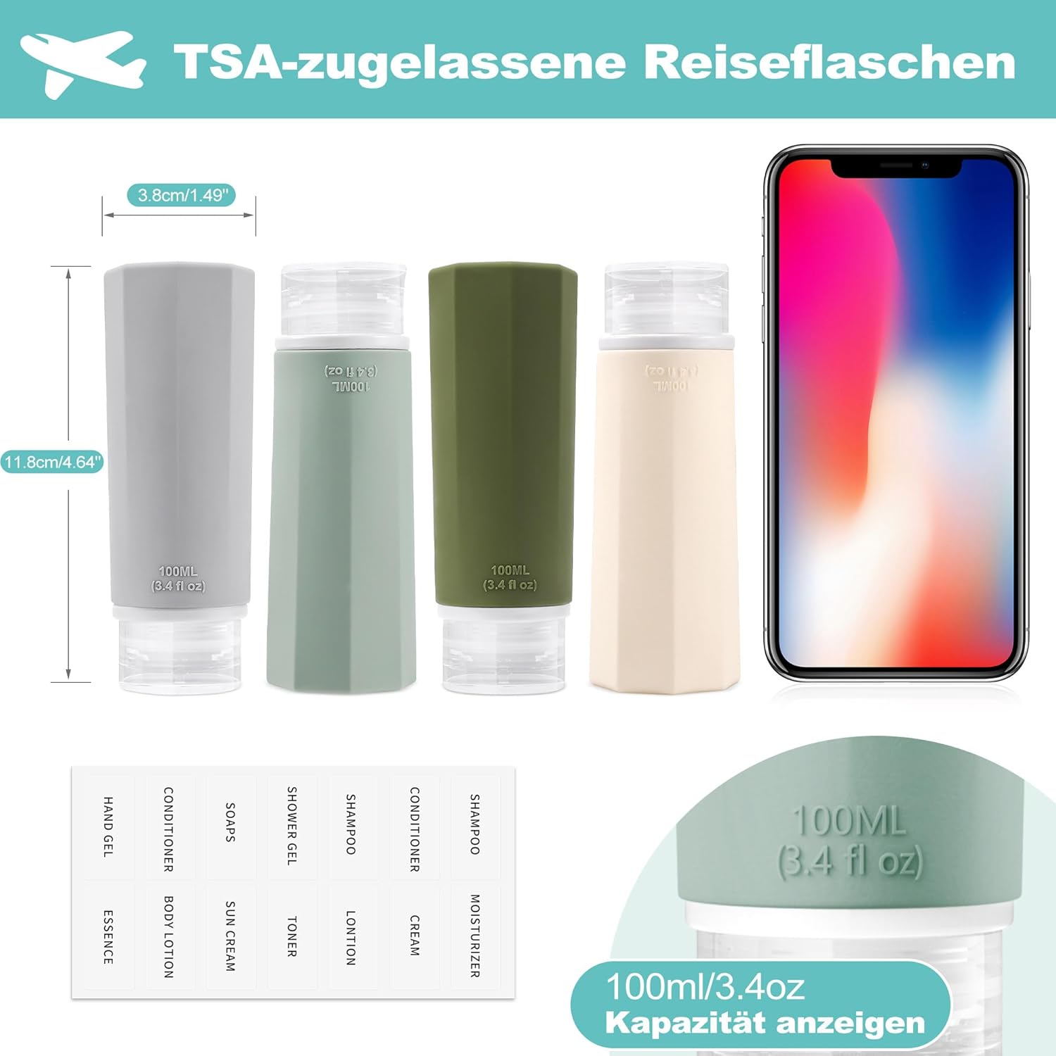 Detalle 2 de Opret 4er Silikon-Reiseflaschen-Set (100 ml) – auslaufsicher, nachfüllbar für Shampoo & Kosmetik