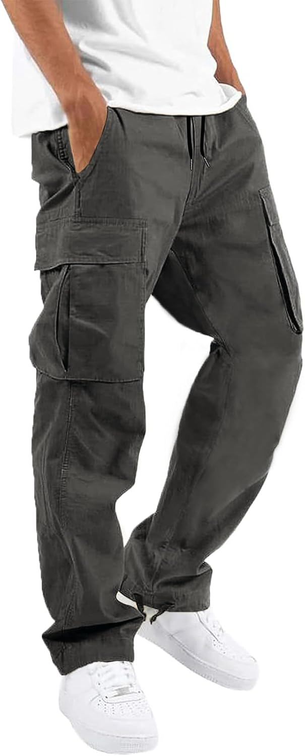 Detalle de HUNGSON Men’s Cargo Pants with Drawstring Waist & 6 Pockets