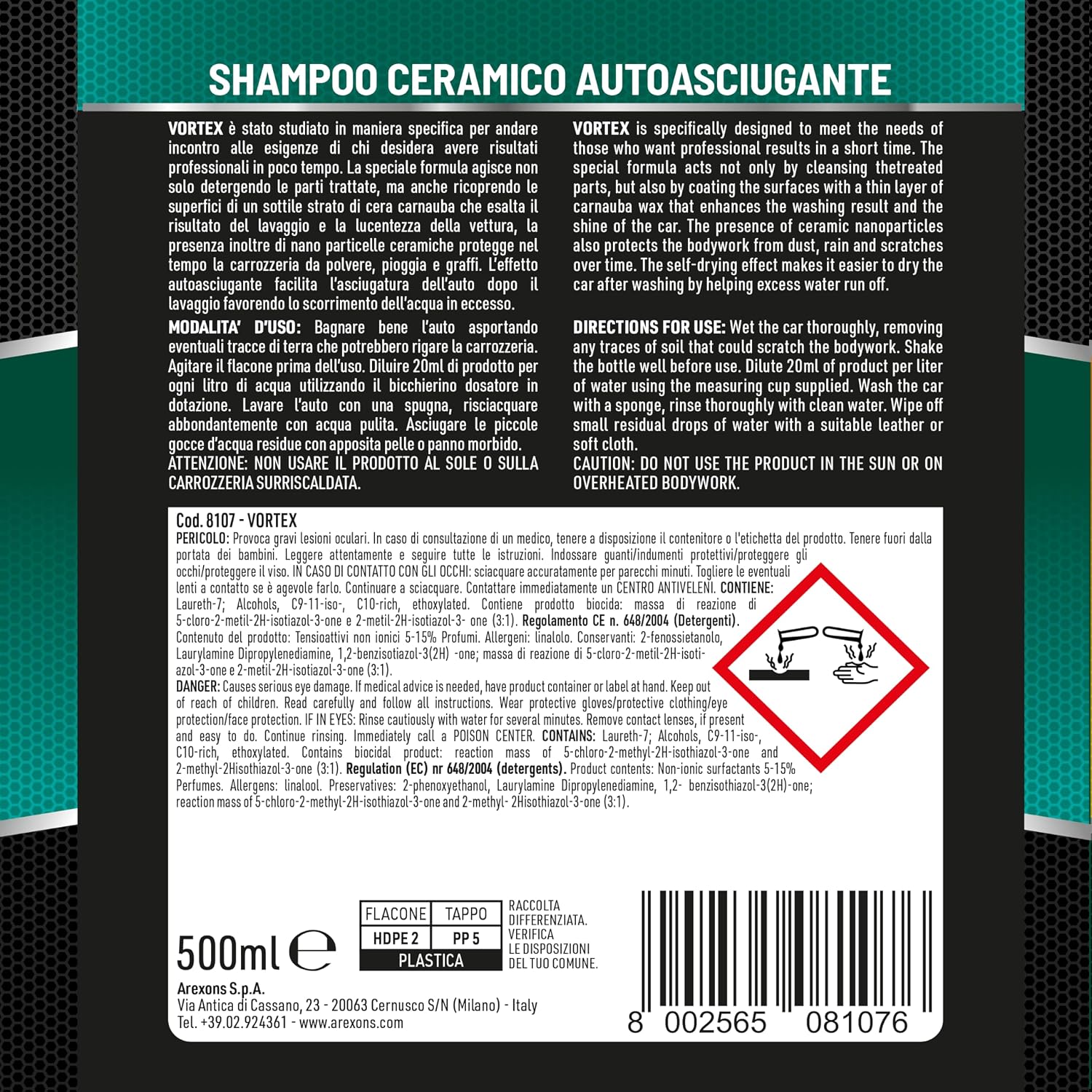 Detalle de Arexons Car Care Pro VORTEX Shampoo Ceramico Autoasciugante 500 ml
