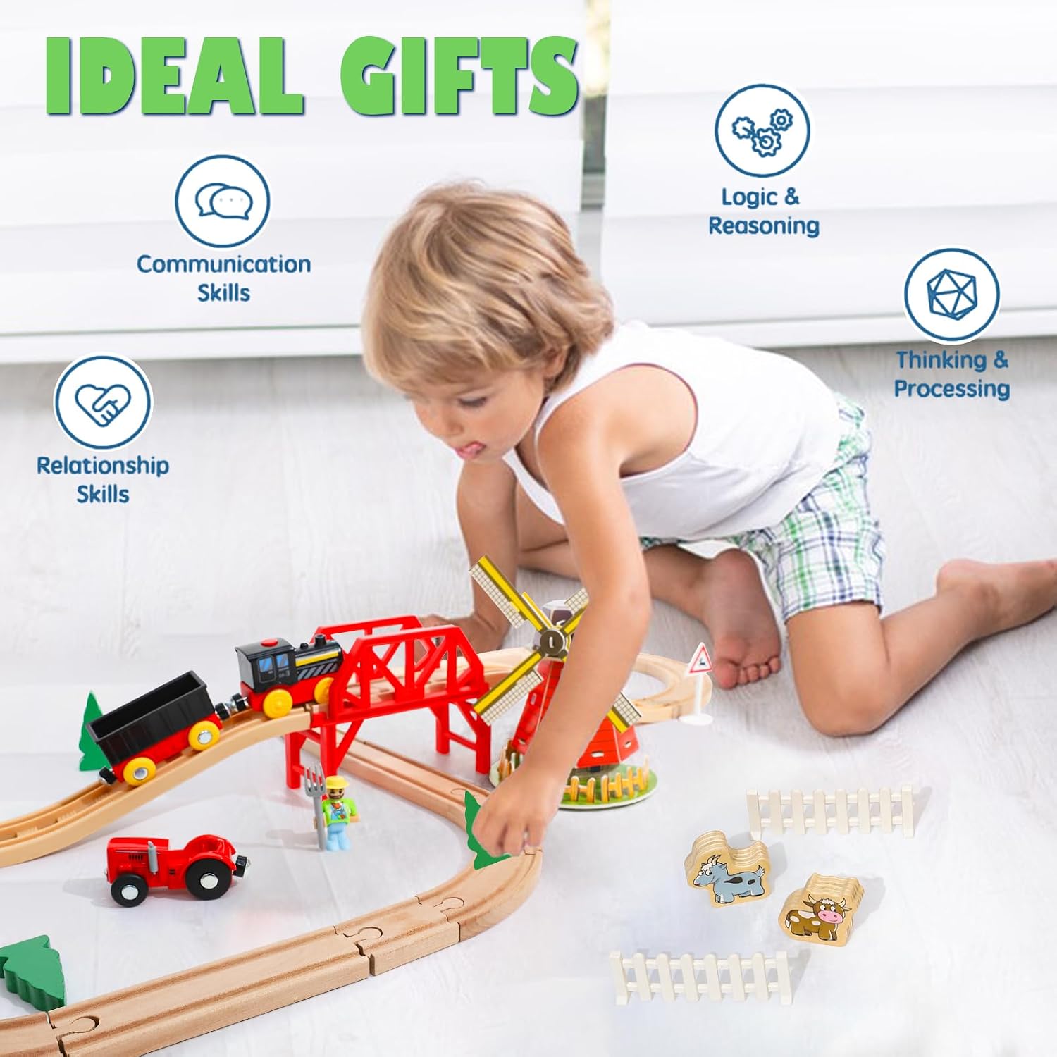 Thumbnail 5 de XIAPIA Wooden Train Set for Toddler (Farm Theme) – 38-piece track set with magnetic and battery train