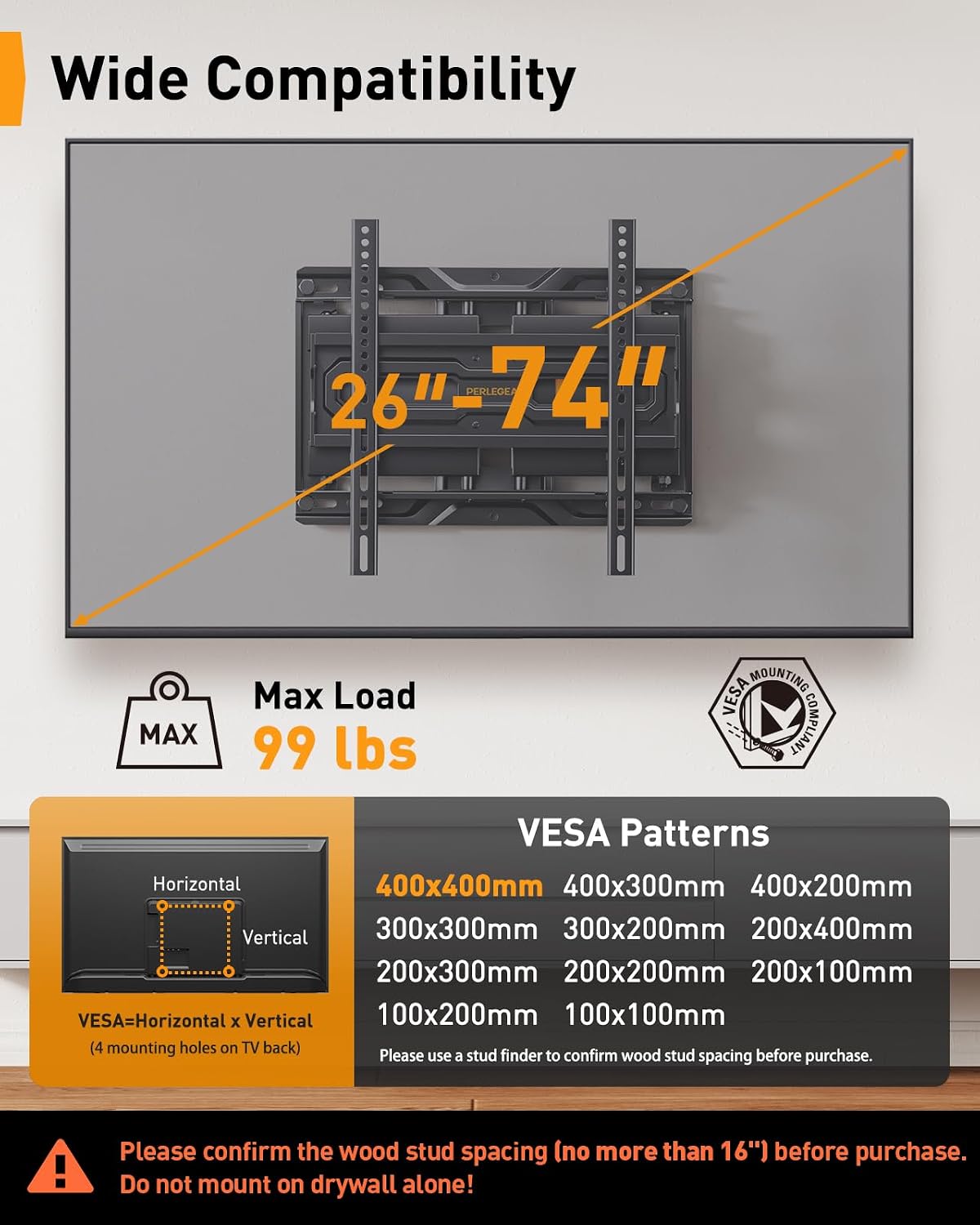Detalle 2 de Perlegear PGMF21 Full Motion TV Mount 99 lbs