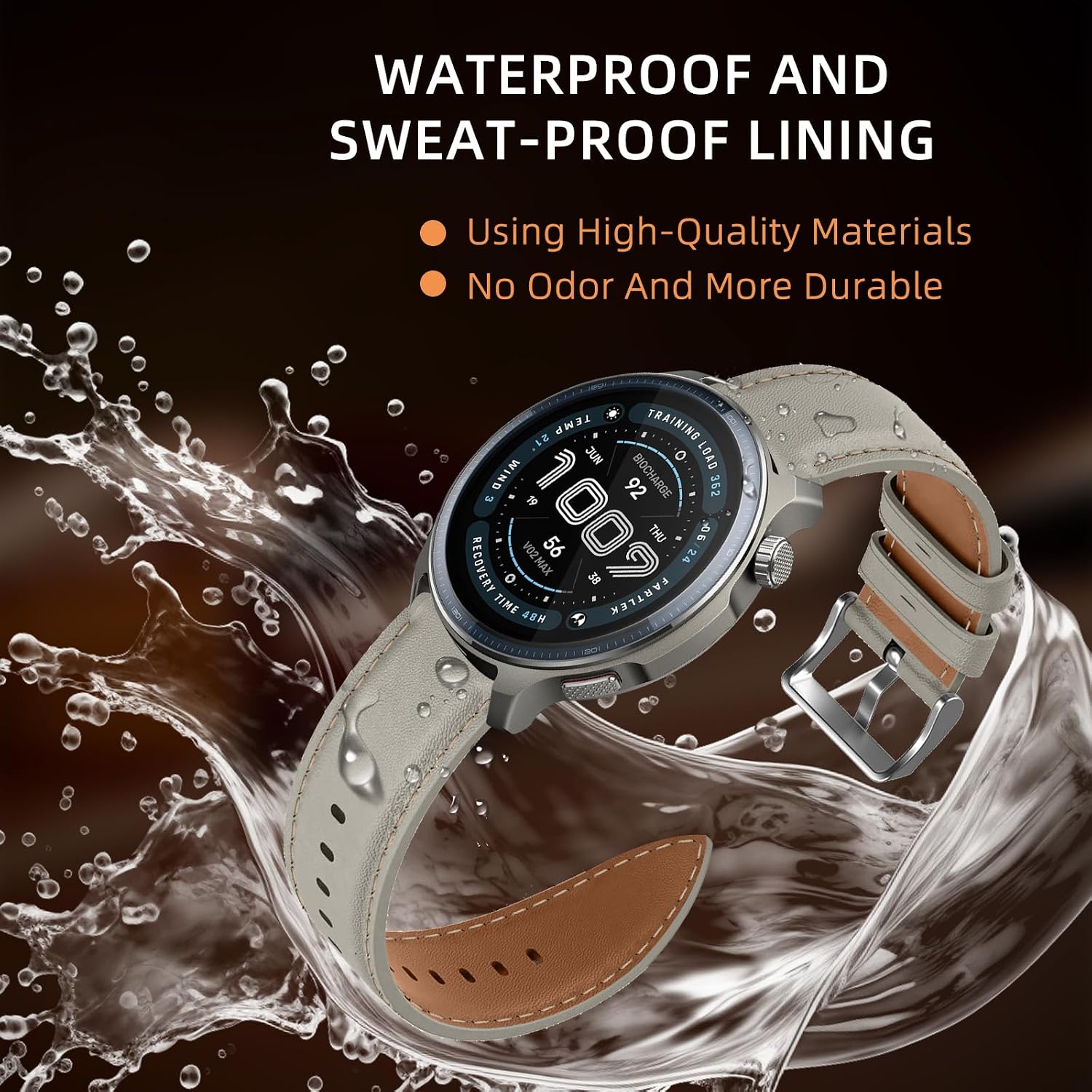 Detalle 2 de LanQii Lederarmband (22 mm) für Amazfit Active Max, T-Rex 3 Pro & mehr – Hellgrau