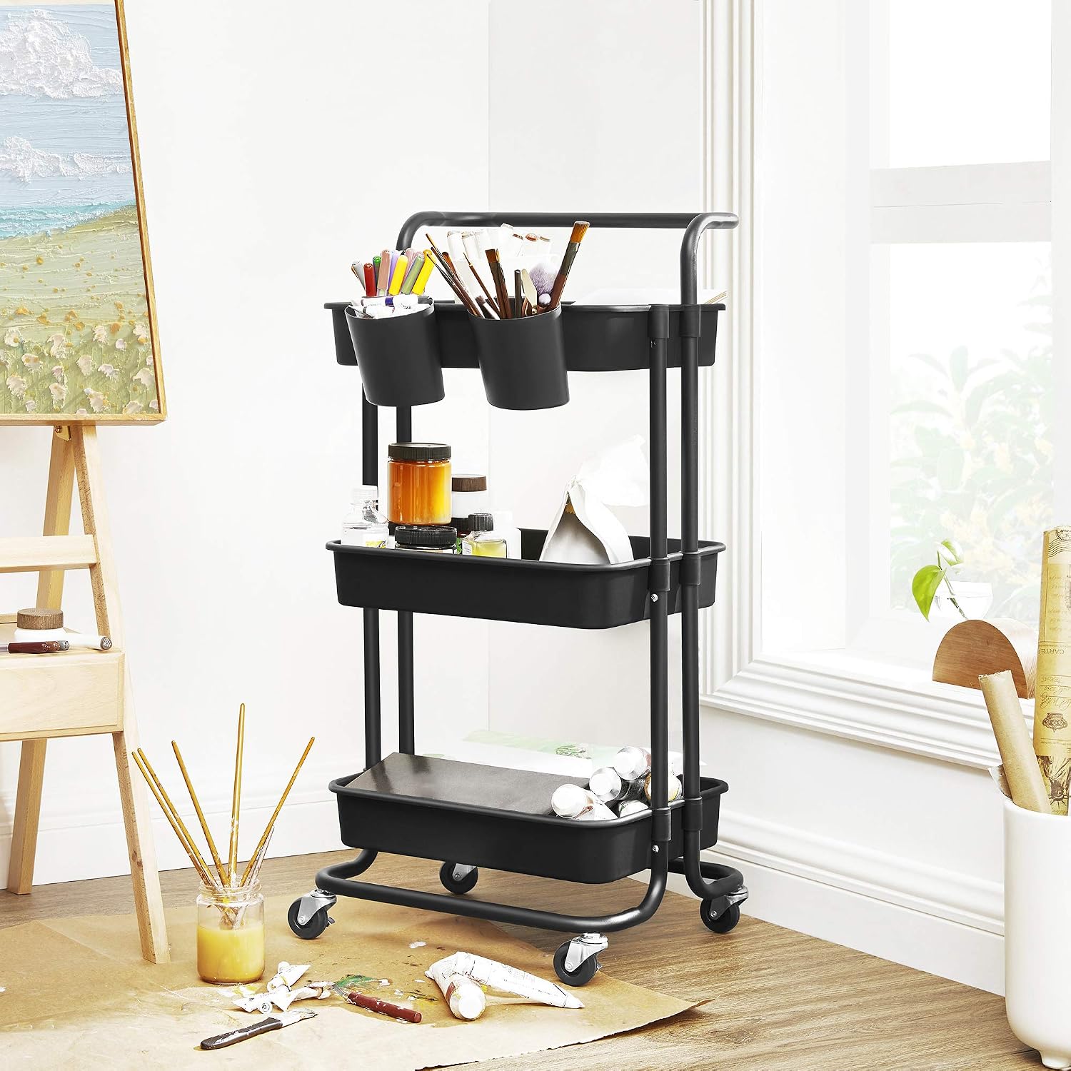 Detalle de SONGMICS BSC067B01 3-Tier Rolling Cart with Steel Frame and Plastic Baskets