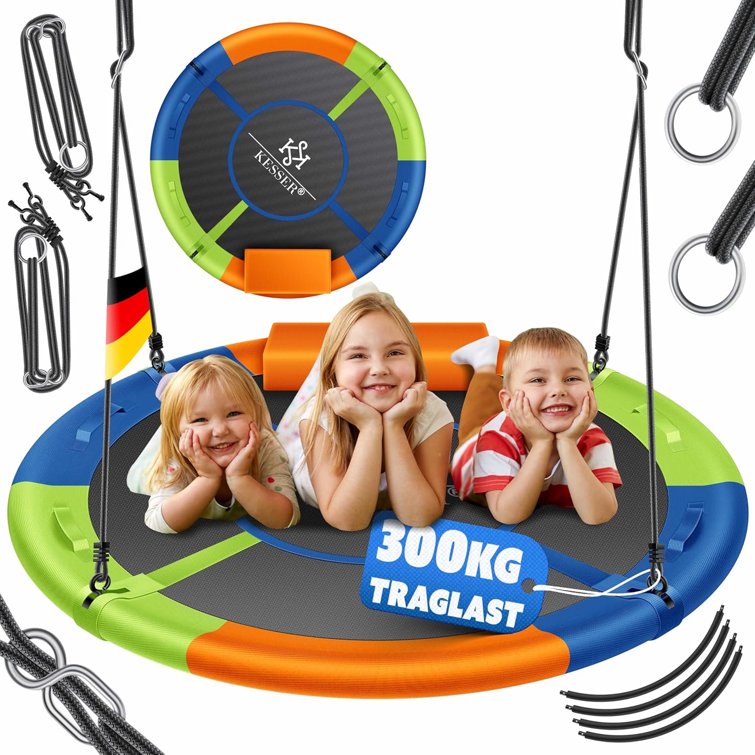 KESSER Nestschaukel Tellerschaukel Ø120 cm – Rundschaukel mit Kissen, 4 Griffen, bis 300 kg belasten, Indoor & Outdoor