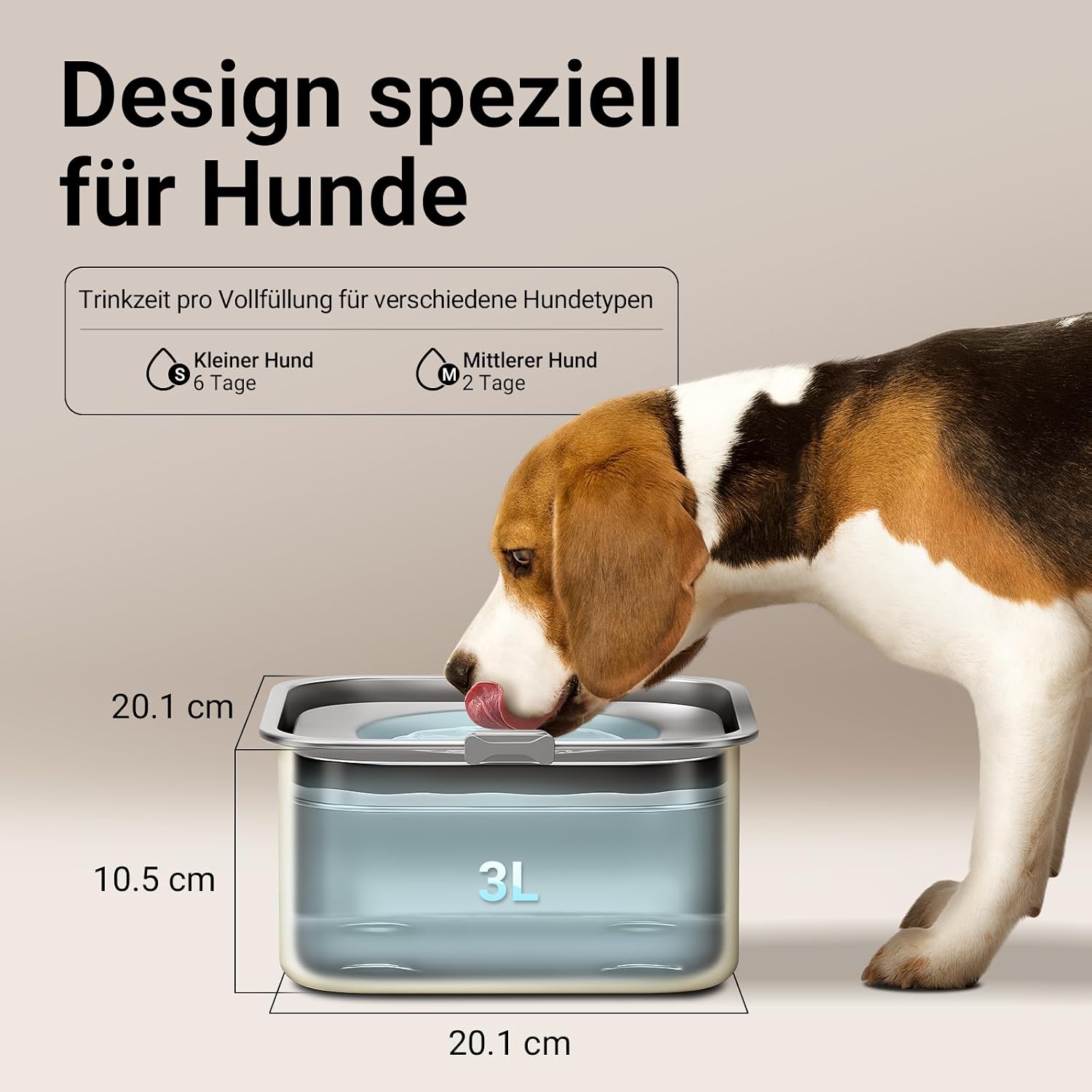 Detalle de DownyPaws Wassernapf für Hunde (ohne Sabbern), 3 L, Anti-Verschluck-Wasser, 304 Edelstahl – beige