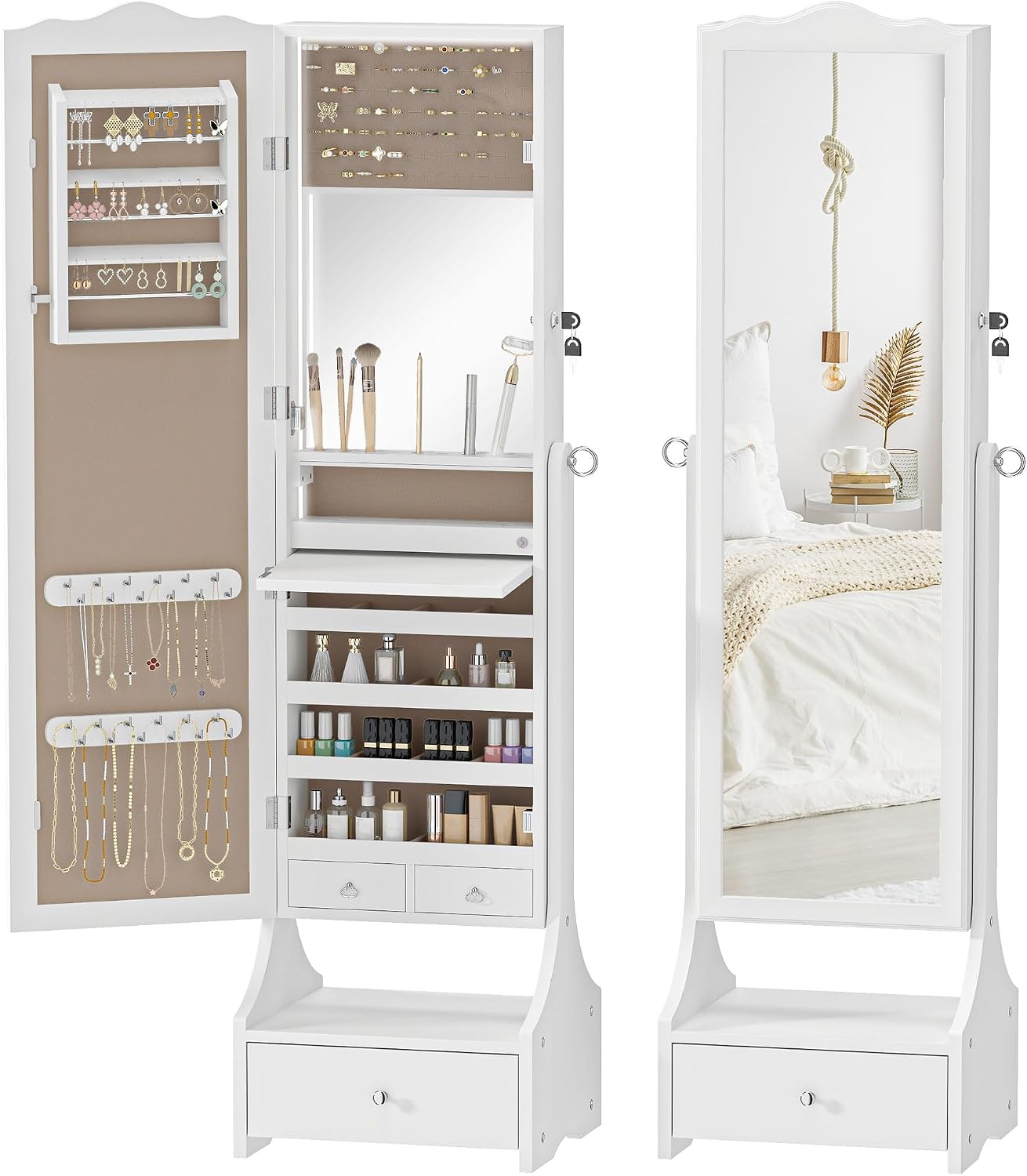 Detalle de HOMCOM Espejo Joyero con Luces LED, Cajones y Cerradura Blanc/Beige