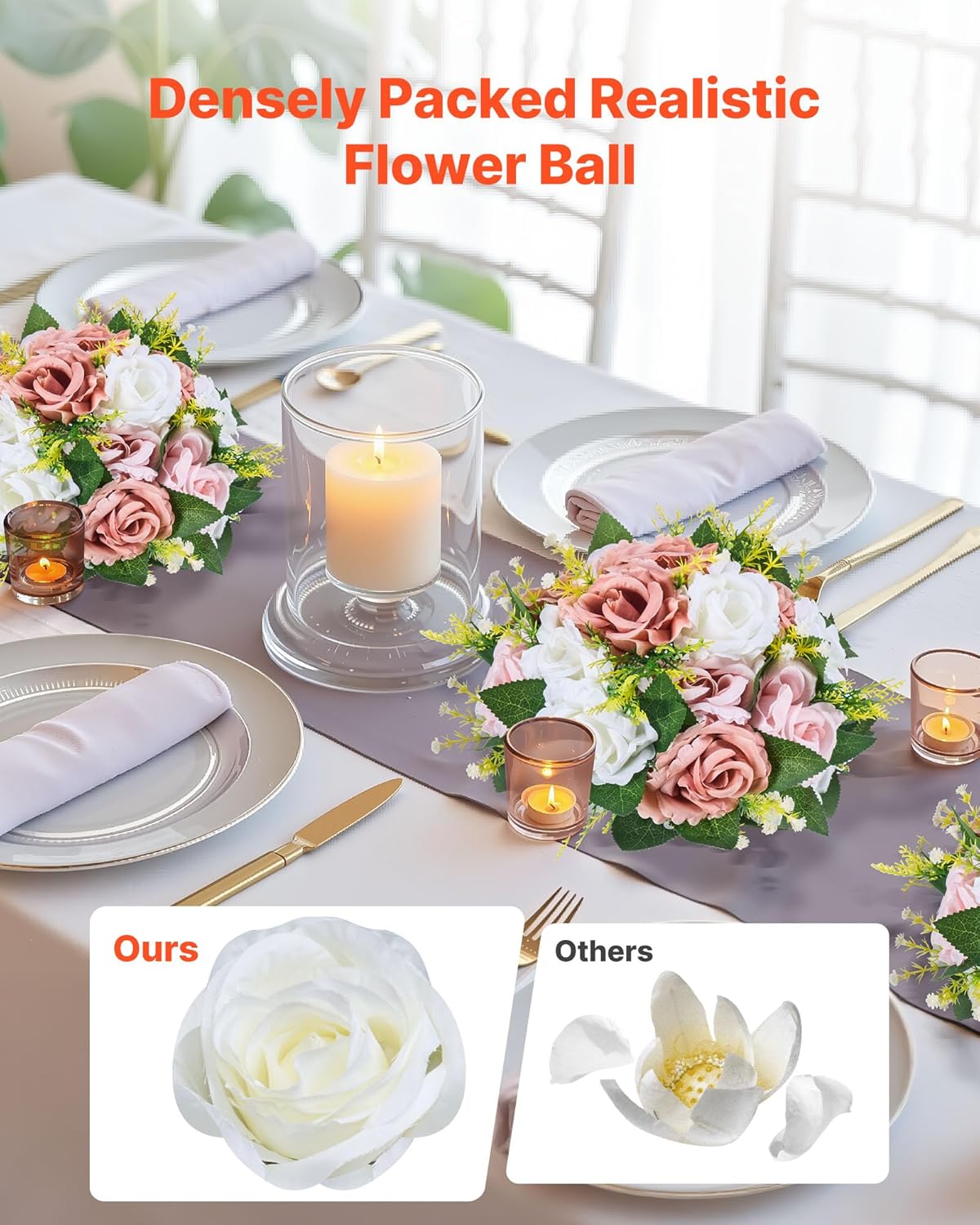 Detalle de VEVOR Boules de Fleurs Artificielles – Lot de 10, Ø24 cm, Roses en Rose et Blanc, Centres de Table polyvalents