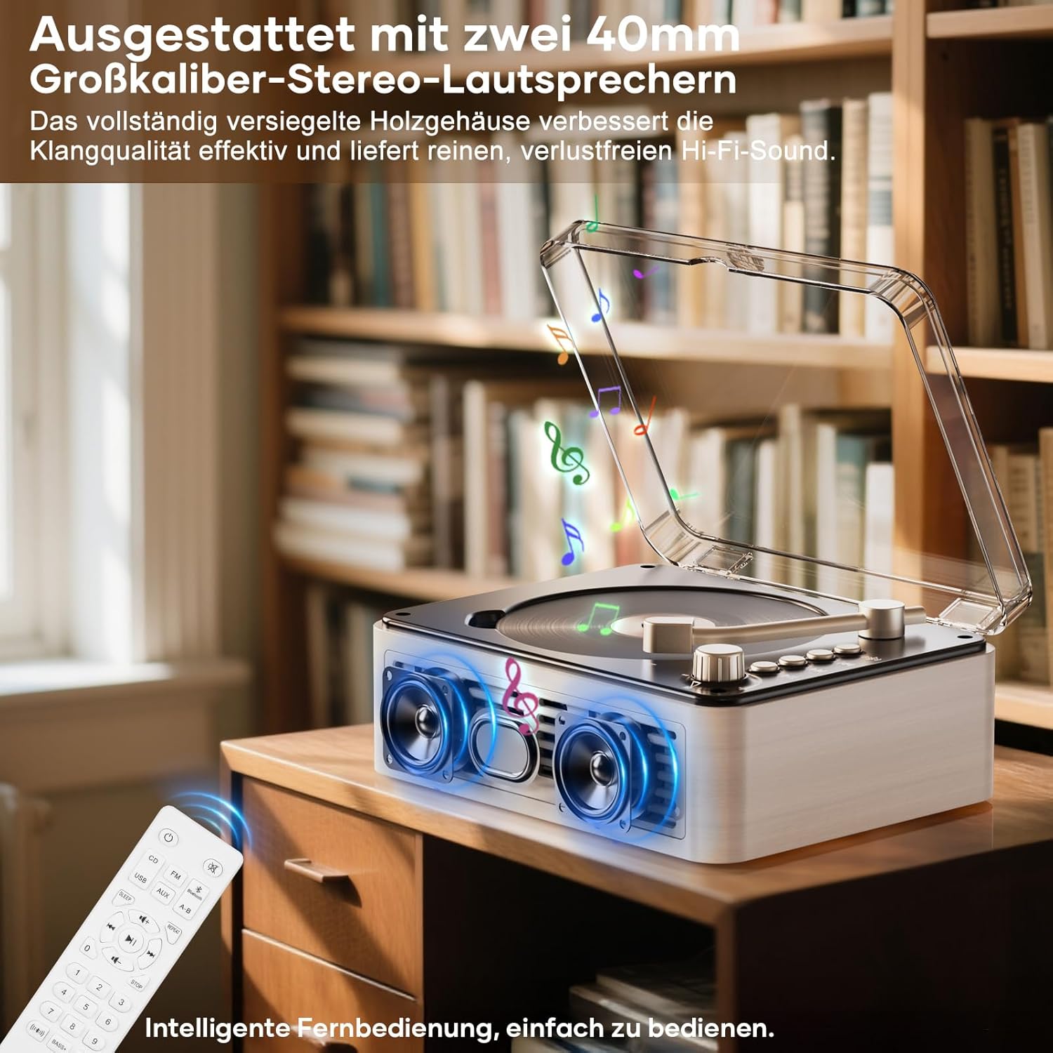 Detalle de Tragbarer Bluetooth CD Player mit Fernbedienung (Timzeit) – Retro-CD-Spieler mit FM-Radio, USB/AUX und Kopfhörerausgang