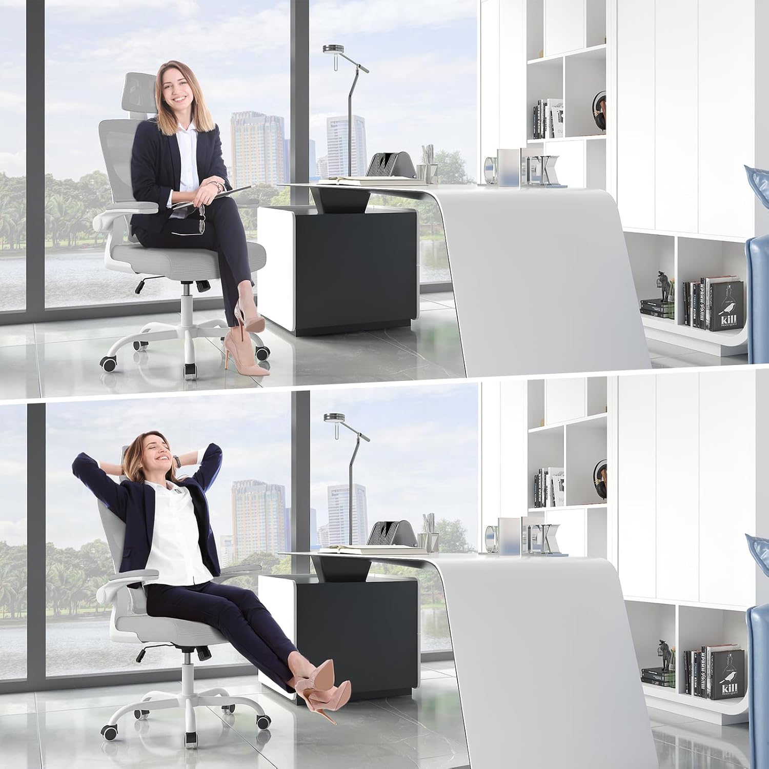 Thumbnail 2 de Chaise de Bureau Ergonomique Naspaluro — soutien lombaire ajustable, dossier en maille, repose-tête et accoudoirs rabattables (gris)