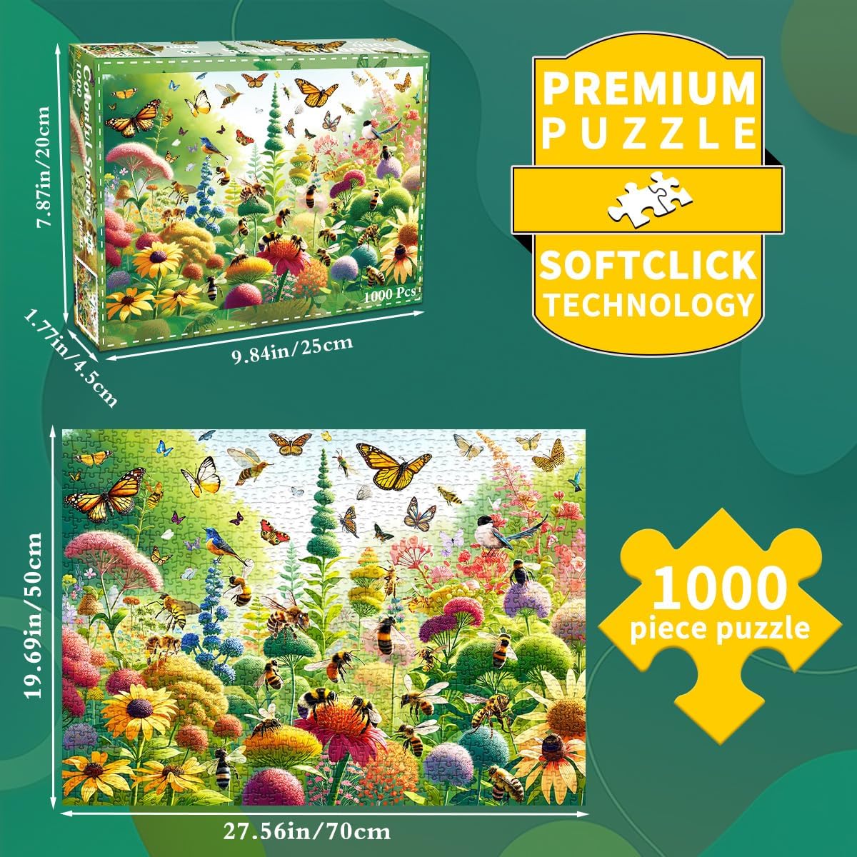 Detalle de Puzzle 1000 Teile für Erwachsene – farbenfrohes Schmetterlinge und Bienen Motiv, inkl. Poster (70 x 50 cm)