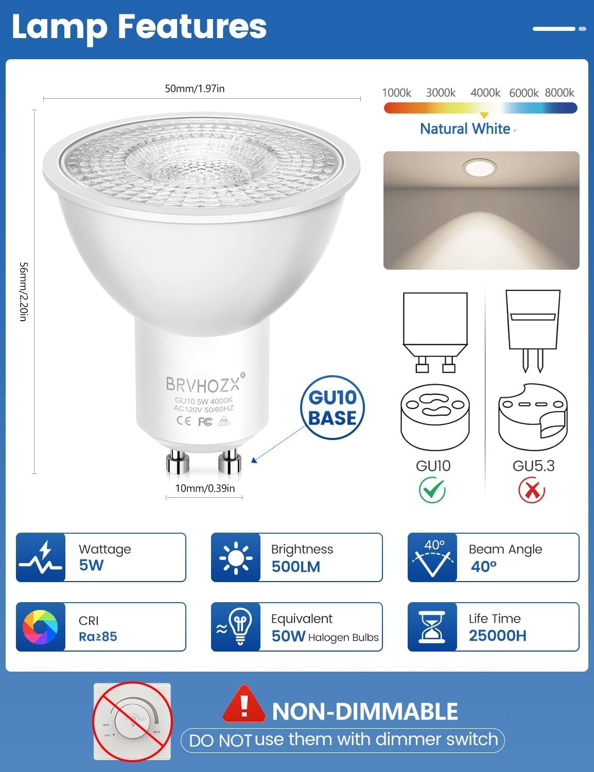 Detalle 2 de BRVHOZX GU10-2835-8 PAR16 LED Bulbs, 5W, 4500K, 500 Lumens, 10-Pack