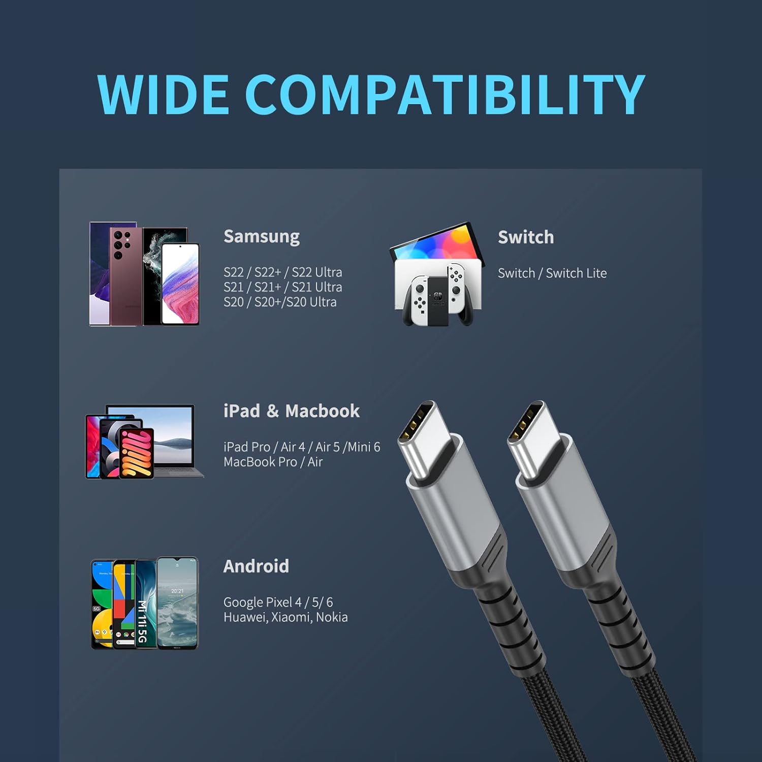 Thumbnail 6 de USB C auf USB C Kabel 1 m – Nylon Geflochtenes Ladekabel im 3er-Pack, 60 W, 3 A, 480 Mbit/s