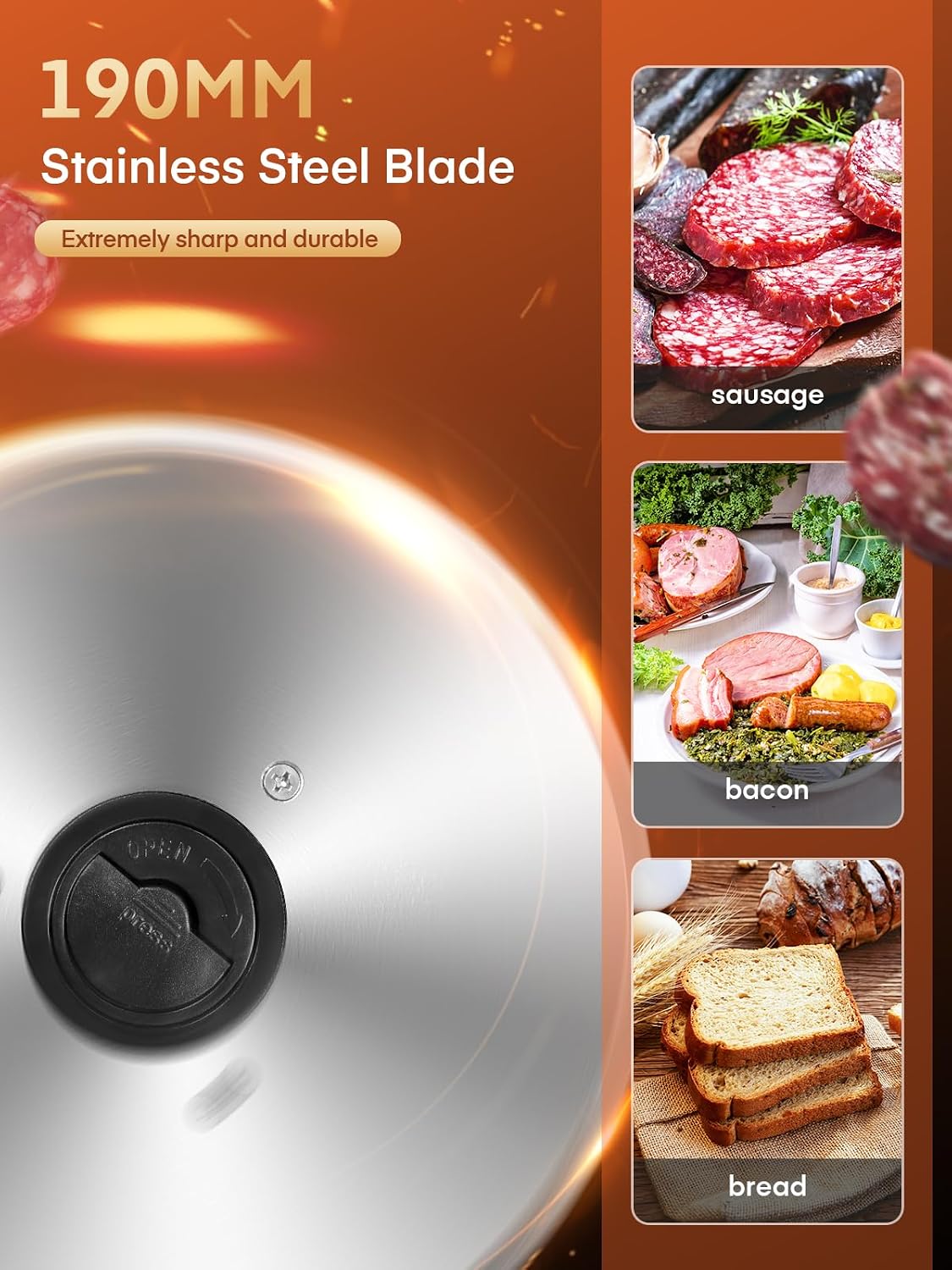 Detalle 2 de FOHERE Electric Meat Slicer, 200W, Two 7.5-inch Blades, 0–15 mm