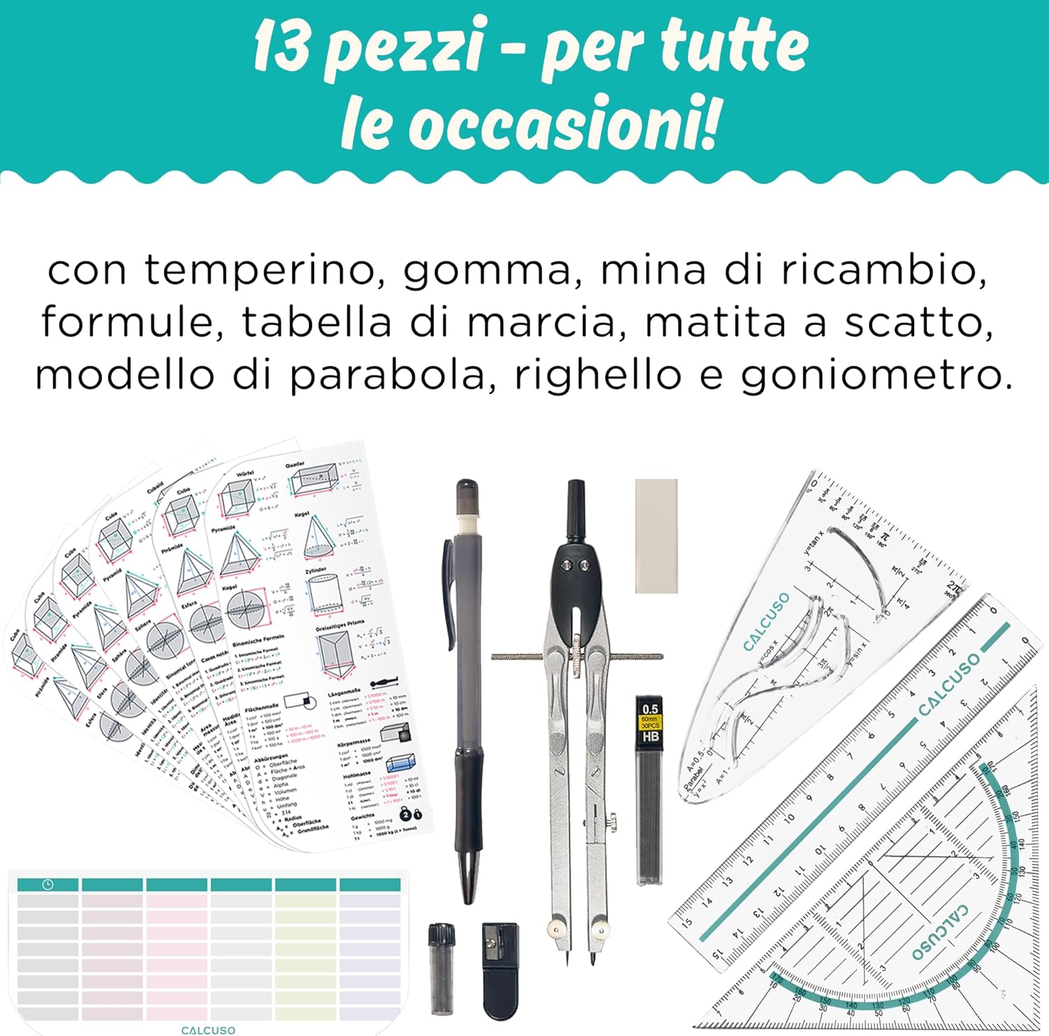 Detalle 2 de CALCUSO Set di Geometria PRO (15 Pezzi) in astuccio nero – Compasso, goniometro e strumenti essenziali per studio e lavoro