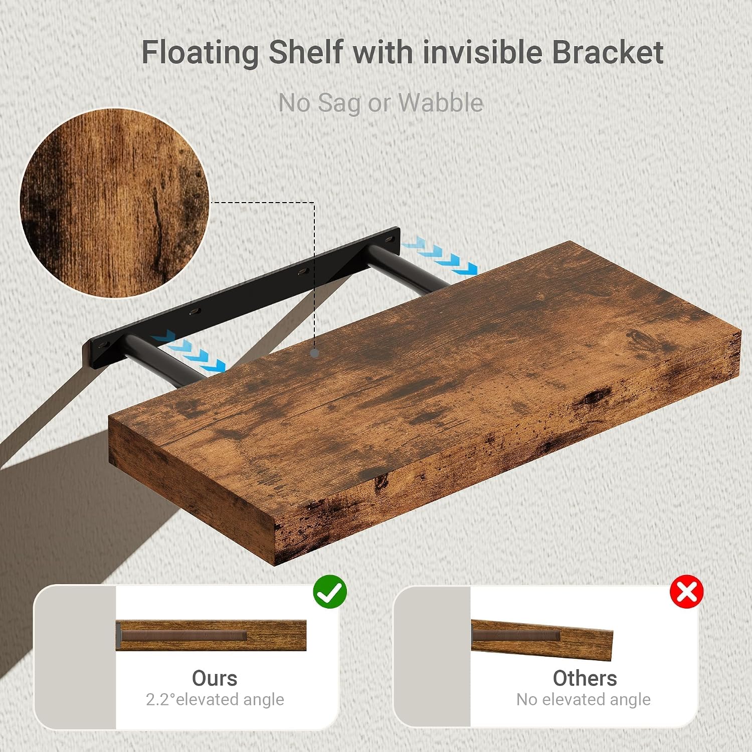 Detalle 2 de Vivelove 16inch-2P-BR Floating Shelves, Rustic Brown, Set of 2