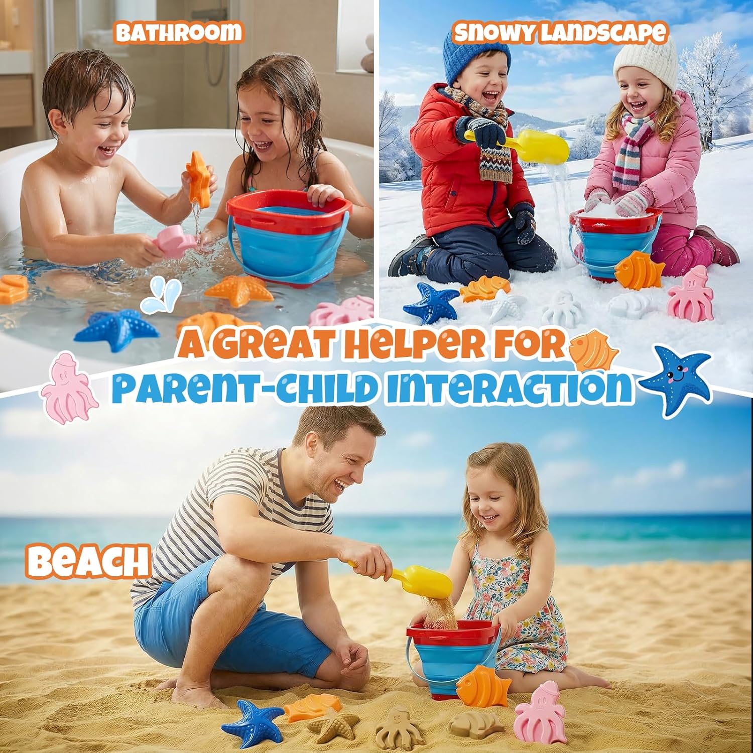 Detalle de Beach Toy Set for Children with Collapsible Sand Bucket, Shovel, Rake, Moulds & Mesh Storage Bag (Ages 3–10)